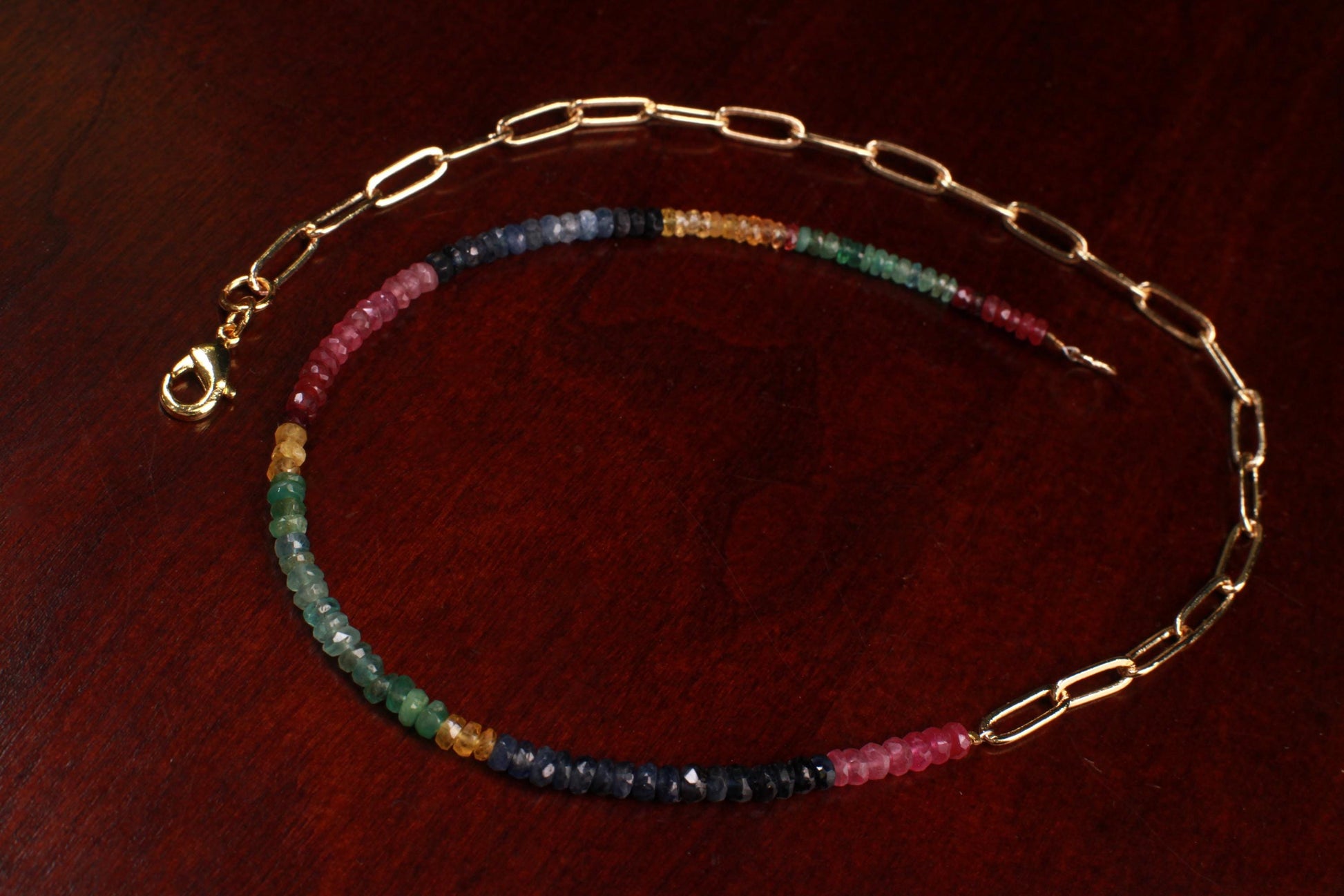 Half gems half chain Necklace. Natural Multi Sapphire Ruby Emerald with 18k Gold Vermeil Paper clip chain gold necklace Resistance Unity