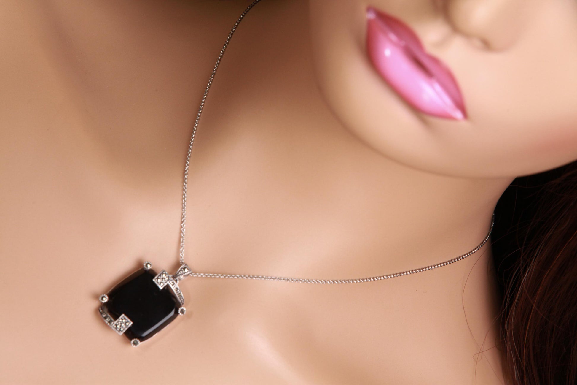 Vintage Marcasite and Black Onyx 925 Sterling Silver 22mm Square Pendant Necklace 925 Sterling Silver Chain, Vintage, Antique gift
