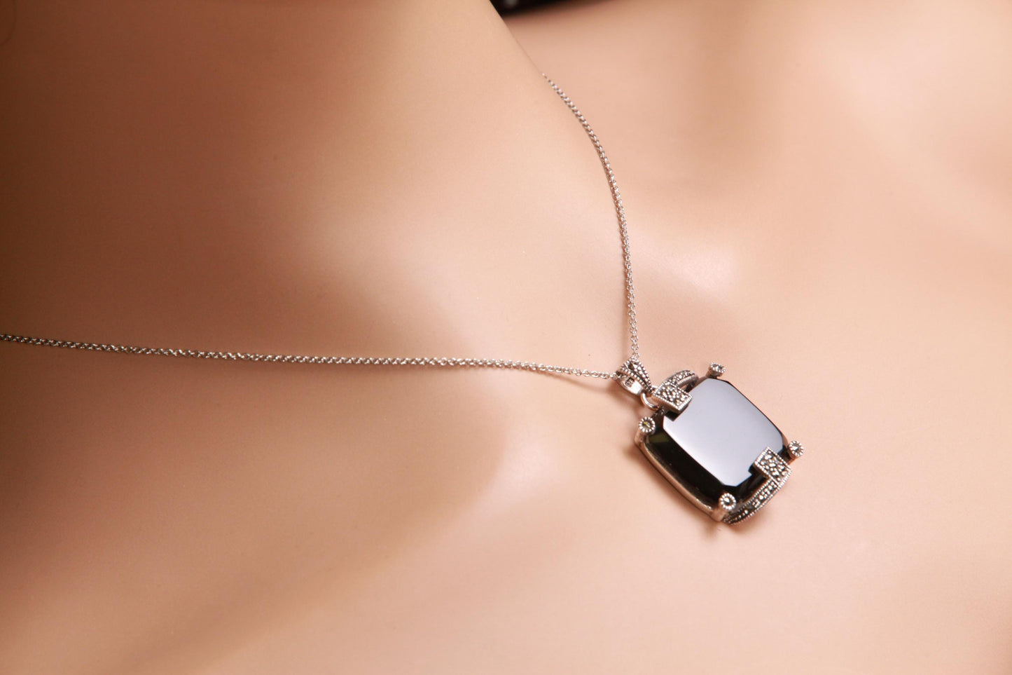 Vintage Marcasite and Black Onyx 925 Sterling Silver 22mm Square Pendant Necklace 925 Sterling Silver Chain, Vintage, Antique gift