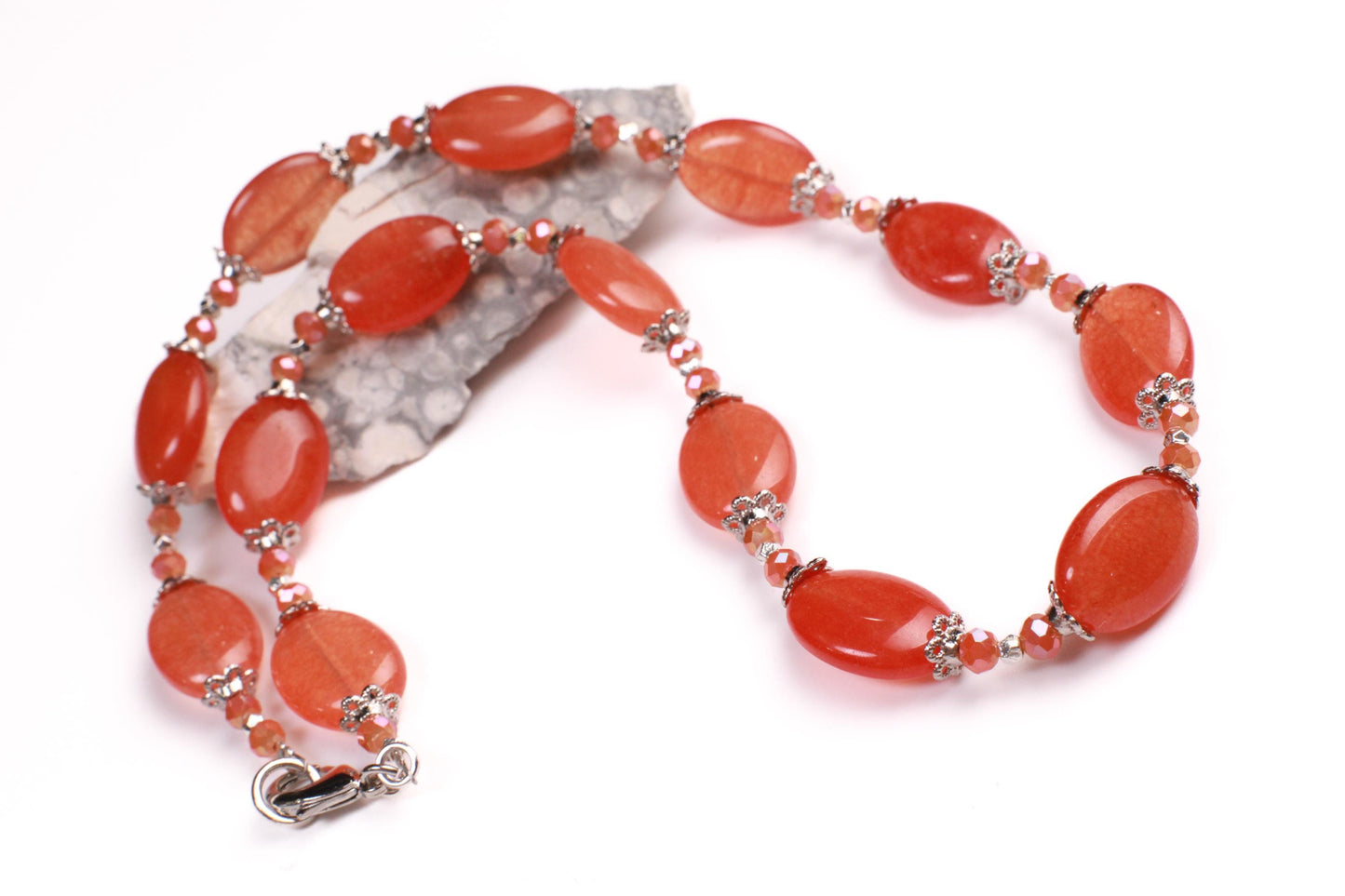 Natural Red Aventurine Peach aventurine 12x16mm oval Gemstones with Bali Style Spacers, peachy orange beads silver Necklace earrings set