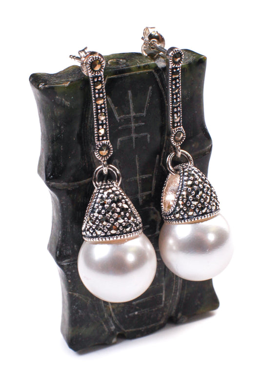 Vintage Marcasite with Pearl 14mm 925 Sterling Silver Dangling Post Earring. Vintage antique gift for her. 925 Stamped