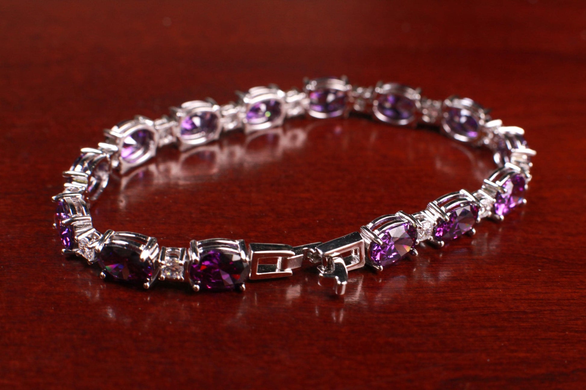 Purple Amethyst Oval shape 6x8mm Prong CZ Diamond 925 Sterling Silver Tennis Bracelet 7" February birthstone, holiday best gift 925 stamped