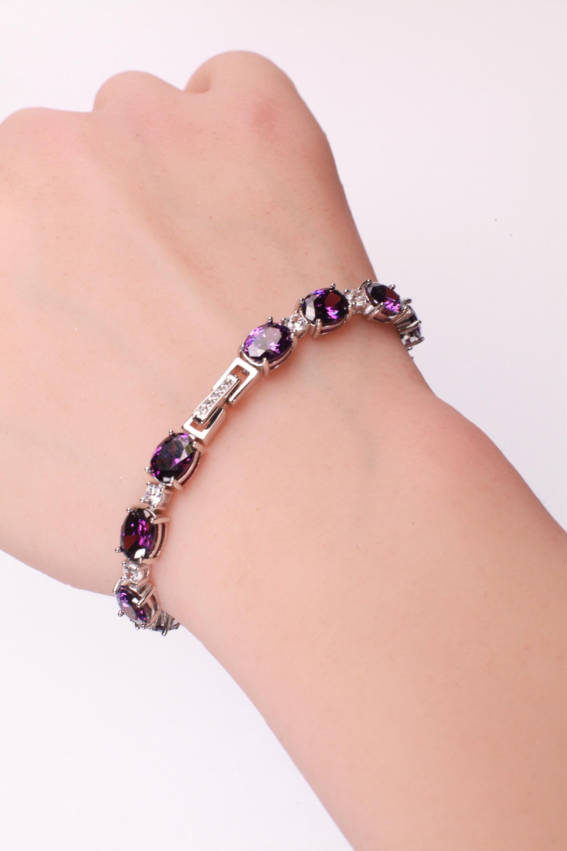 Purple Amethyst Oval shape 6x8mm Prong CZ Diamond 925 Sterling Silver Tennis Bracelet 7" February birthstone, holiday best gift 925 stamped