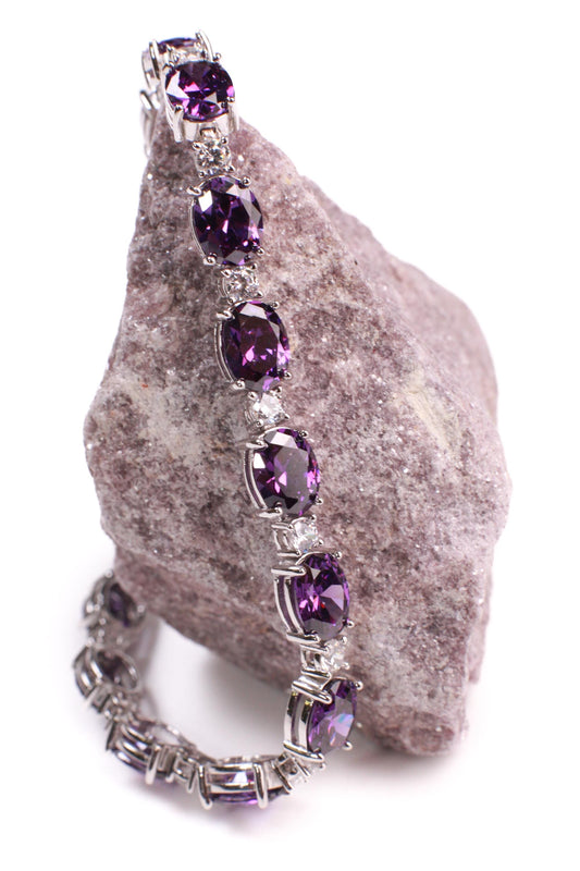 Purple Amethyst Oval shape 6x8mm Prong CZ Diamond 925 Sterling Silver Tennis Bracelet 7" February birthstone, holiday best gift 925 stamped
