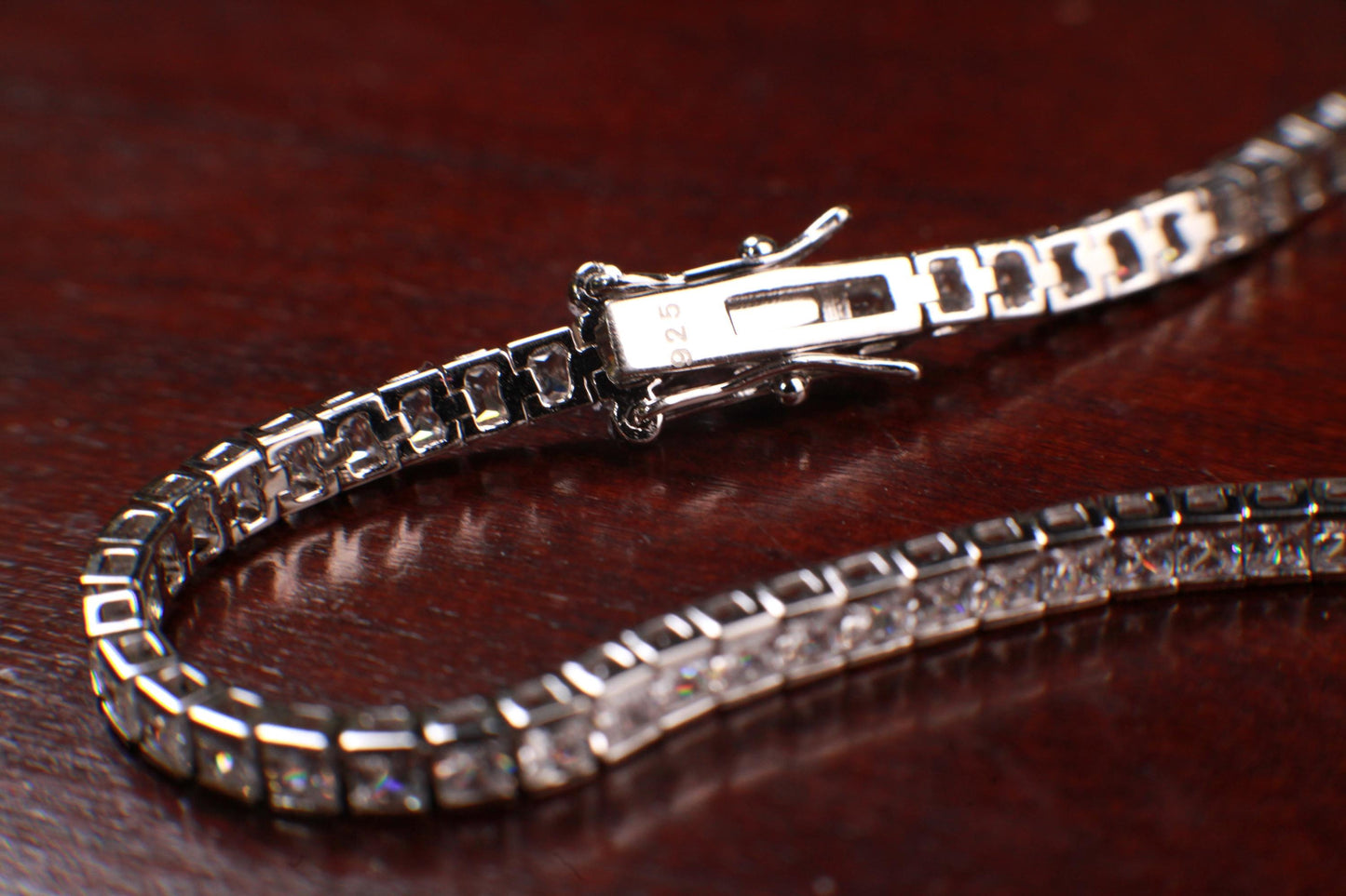 925 Sterling Silver CZ Diamond Princess cut Tennis Bracelet safety lock 7.5” 925 stamped . Elegant party evening wear bridal bracelet