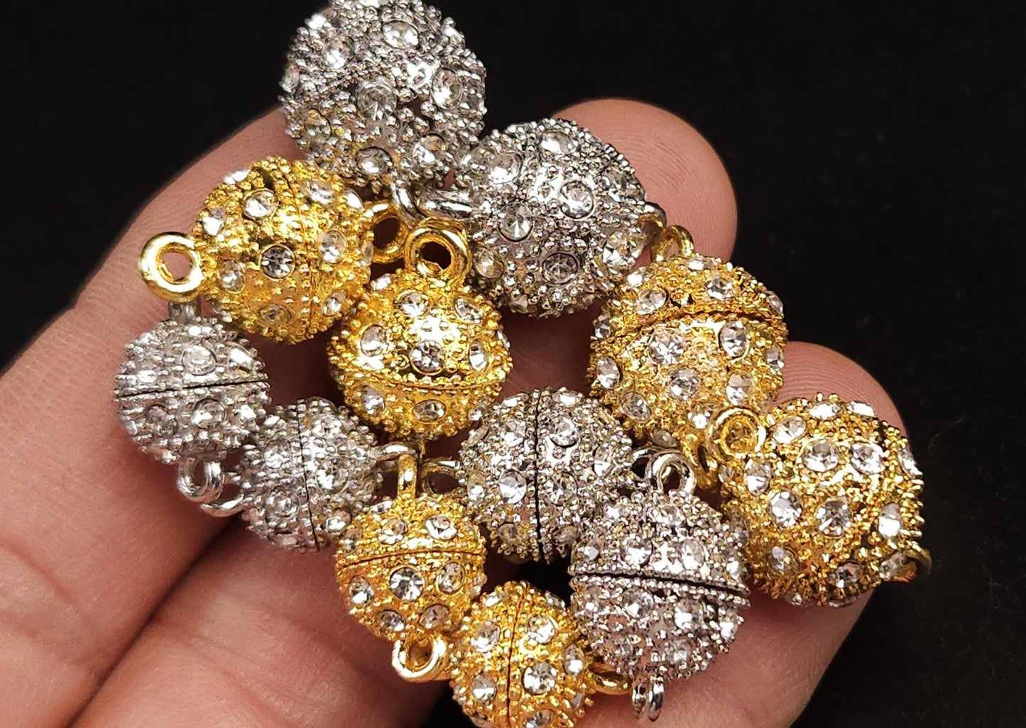 4 sets Silver, Gold 10,12,14mm Ball clasp with Rhinestone crystal setting, jewelry making Mag Ball clasp. 4 pcs sets