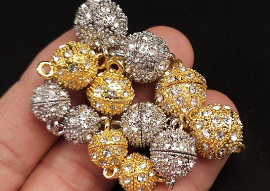 4 sets Silver, Gold 10,12,14mm Ball clasp with Rhinestone crystal setting, jewelry making Mag Ball clasp. 4 pcs sets