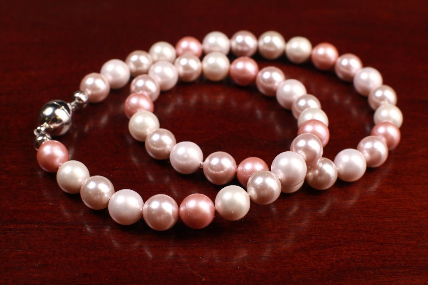 Multi Baby Pink South Seashell Pearl 8mm with Mag ball Clasp, AAA quality high luster, soft pink multi color Necklace, elegant wear gift