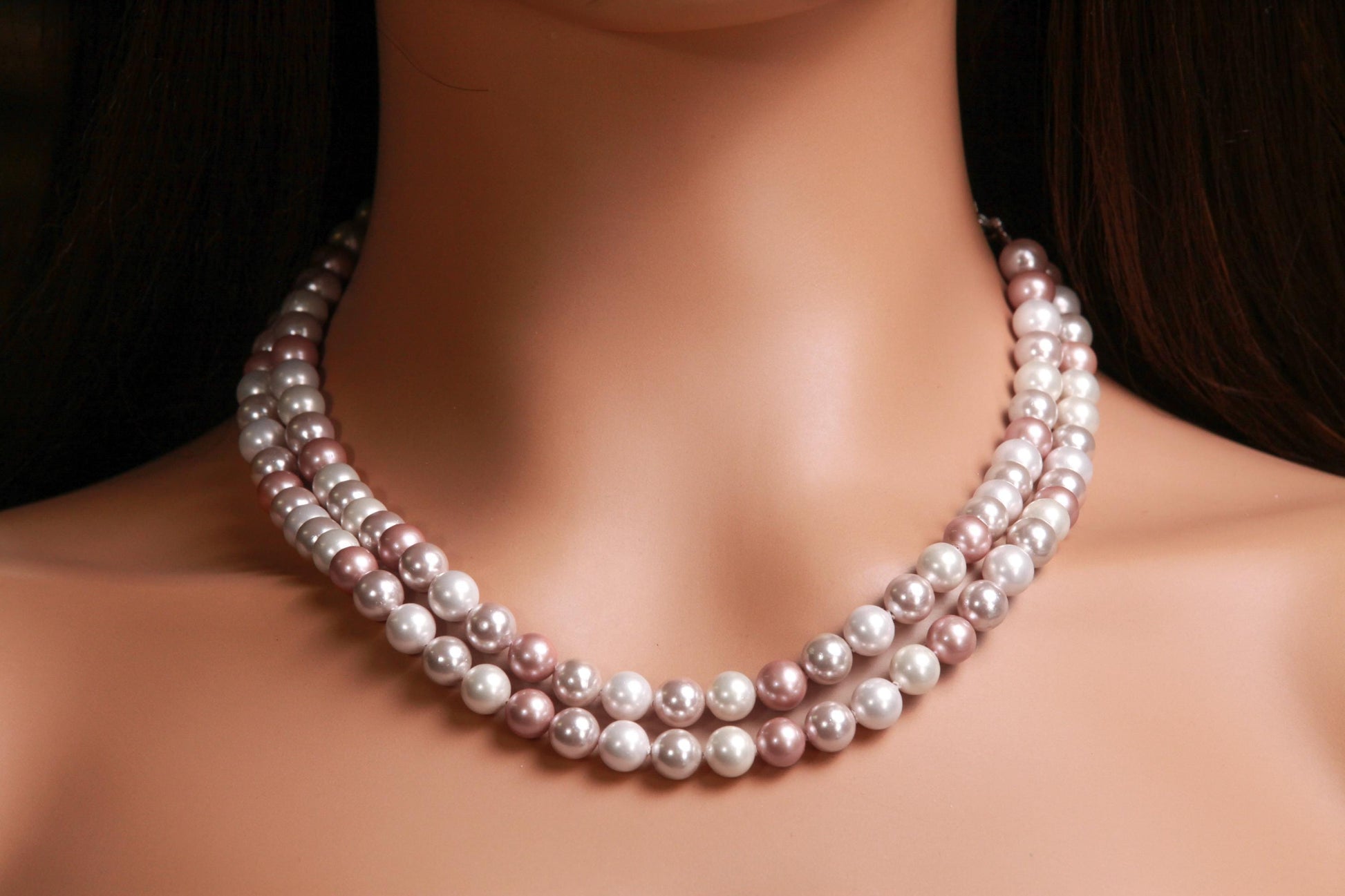 Double layered South Sea Shell Pearl 8mm Multi Baby Pink Necklace with 2" Extender Necklace, CZ Diamond fancy clasp. Gift for Her 16"-40"