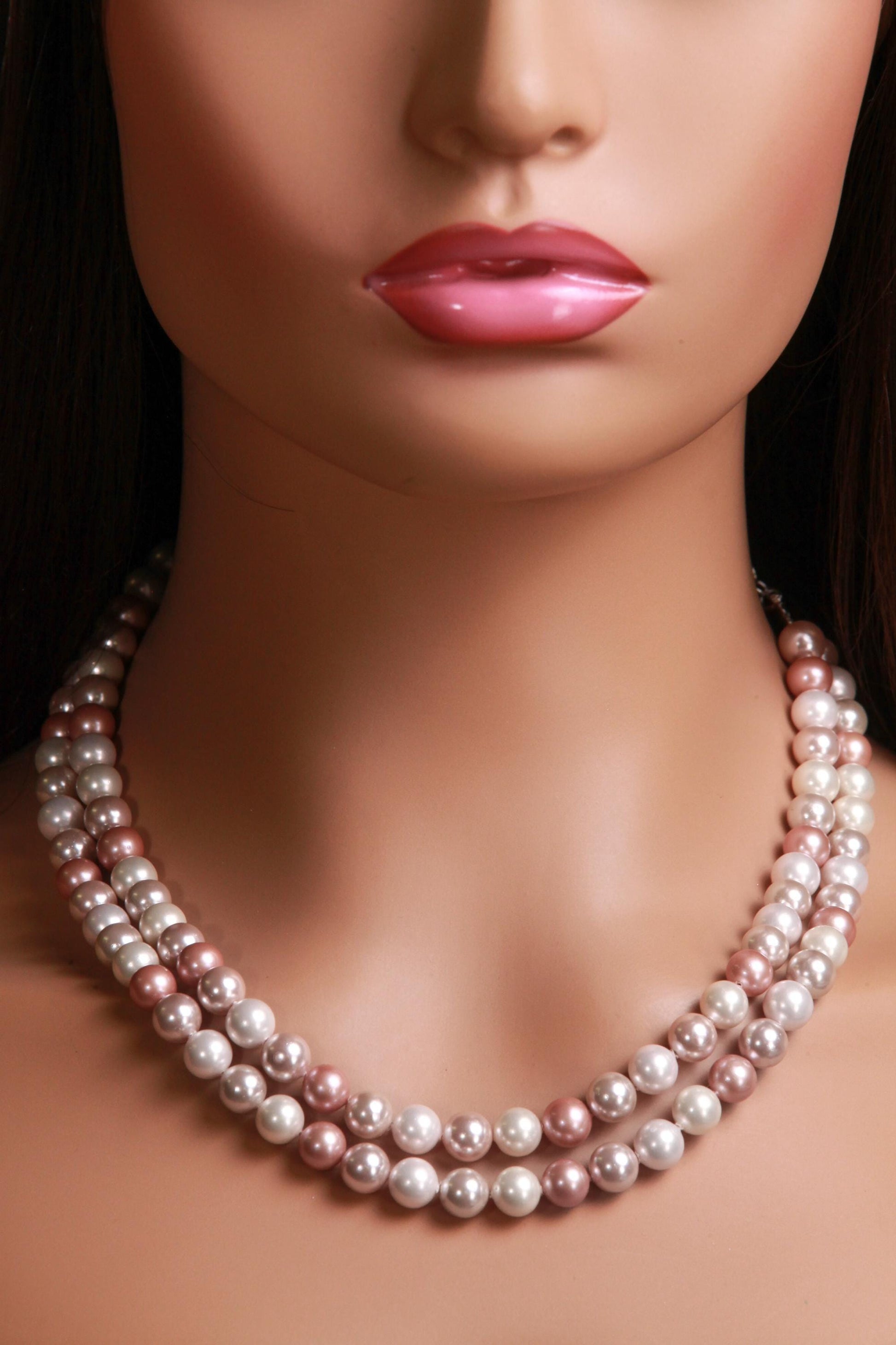 Double layered South Sea Shell Pearl 8mm Multi Baby Pink Necklace with 2" Extender Necklace, Gift for Her 16"-40"