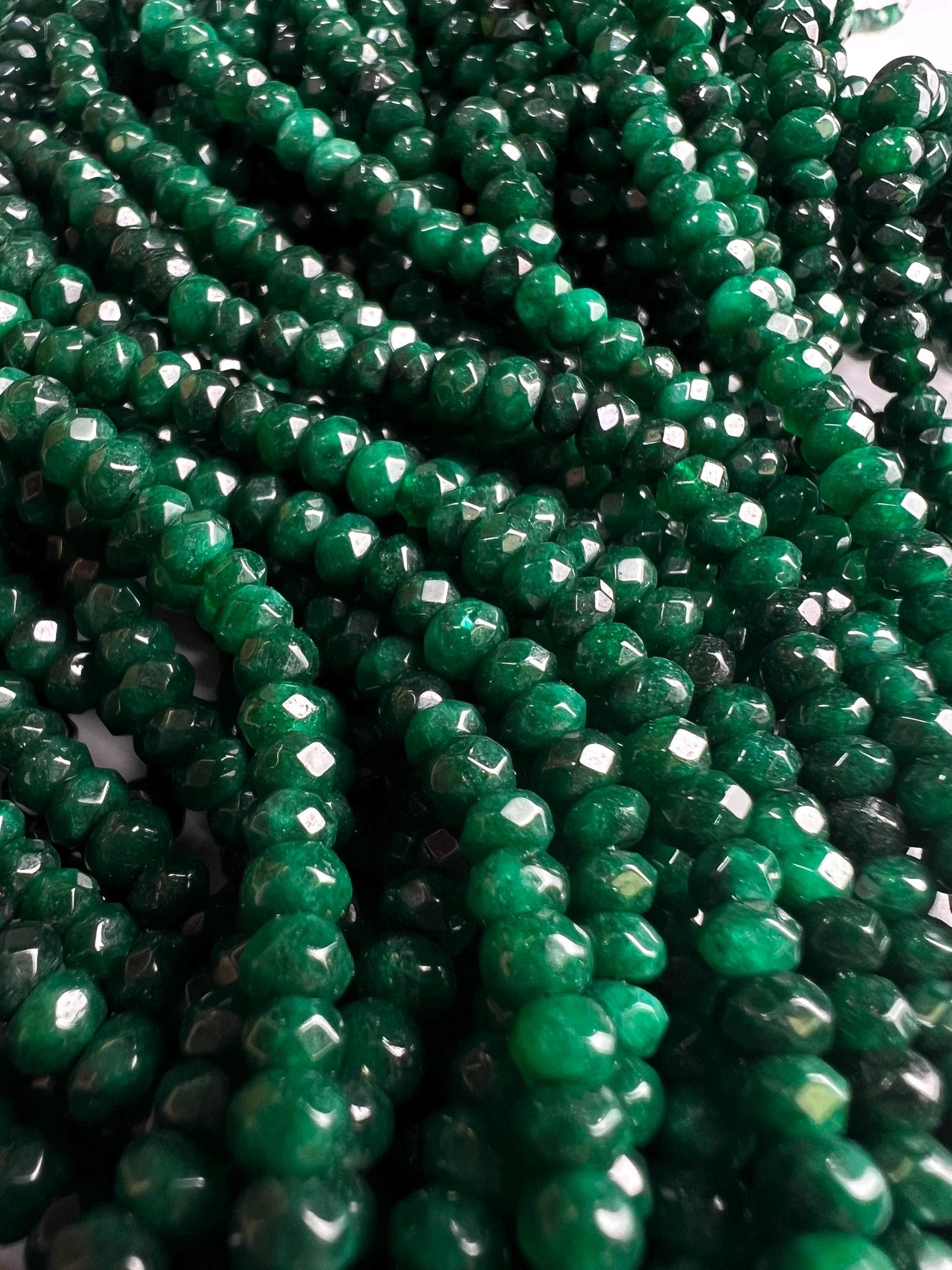 Dark Green jade dark green emerald color 4mm Faceted roundel bead for jewelry making art and craft. 14” full strand