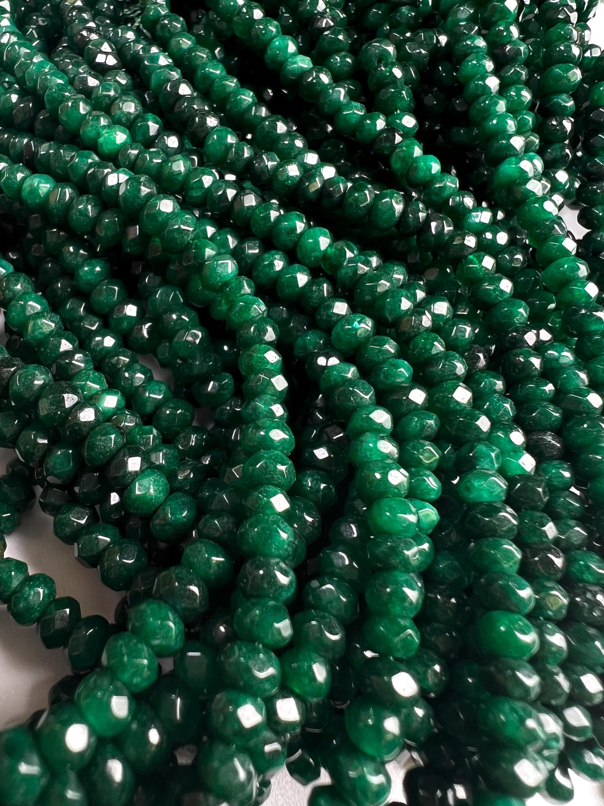 Dark Green jade dark green emerald color 4mm Faceted roundel bead for jewelry making art and craft. 14” full strand
