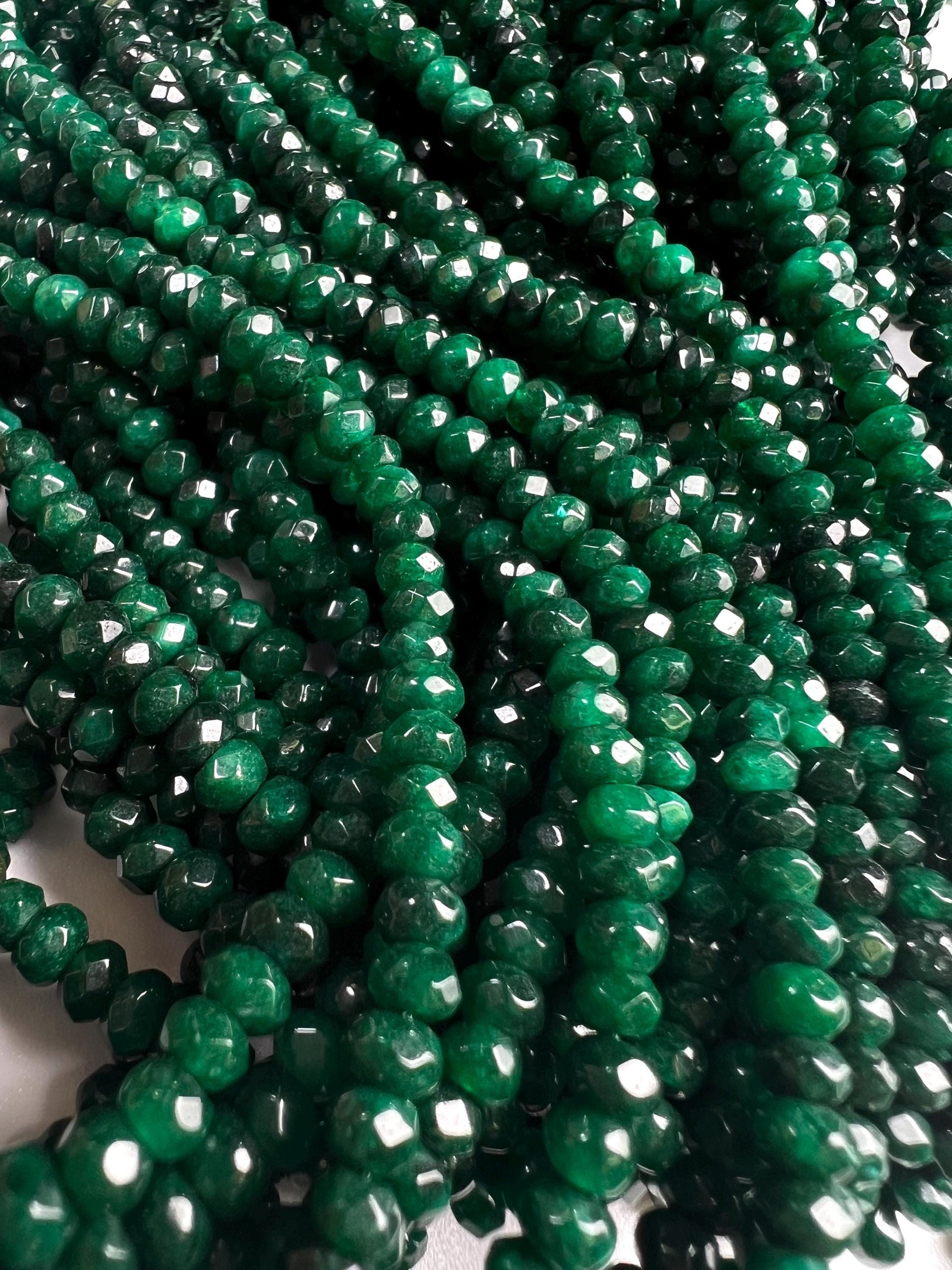 Dark Green jade dark green emerald color 4mm Faceted roundel bead for jewelry making art and craft. 14” full strand