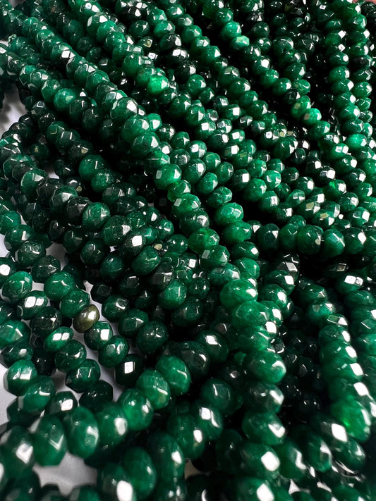 Dark Green jade dark green emerald color 4mm Faceted roundel bead for jewelry making art and craft . 15” full strand