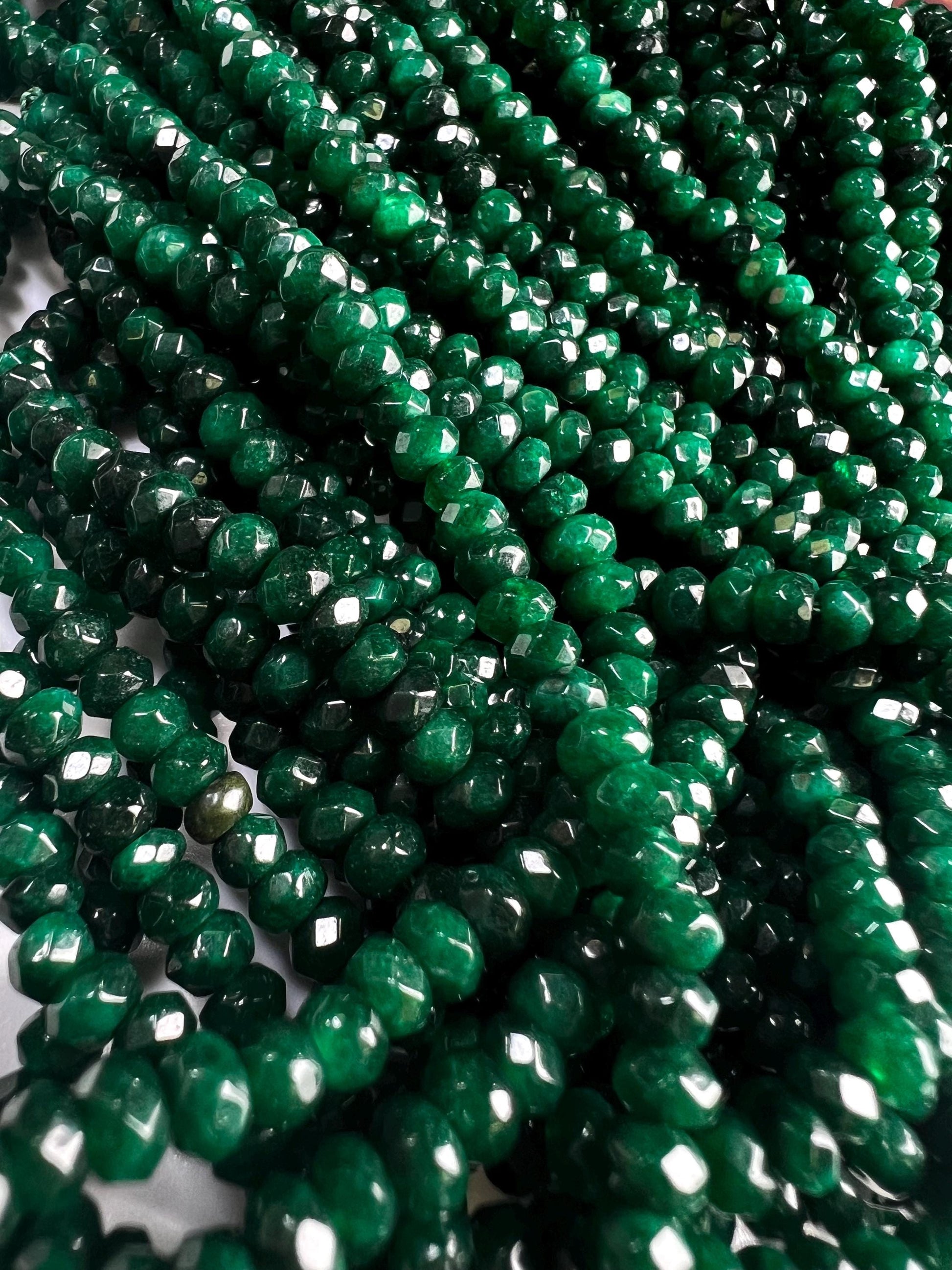 Dark Green jade dark green emerald color 4mm Faceted roundel bead for jewelry making art and craft . 15” full strand