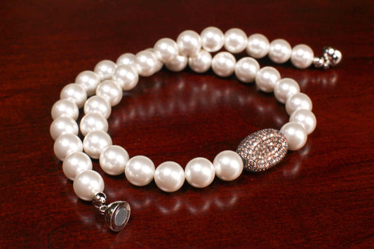 White South Seashell Pearl 10mm with Chocolate CZ Micro pave Diamond Oval Pendant Mag Necklace