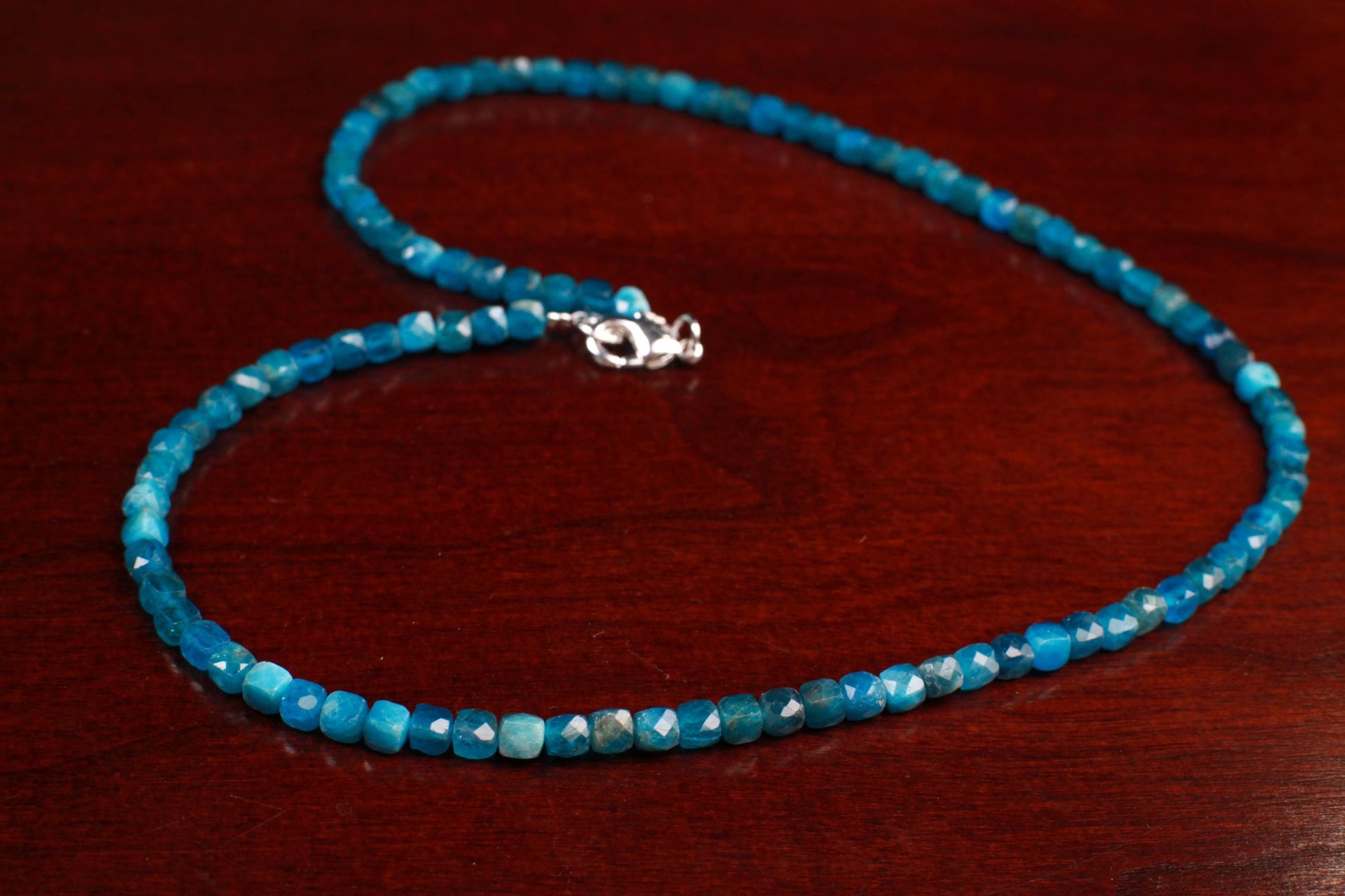 Natural Apatite 4mm Faceted Cube gemstone beaded necklace beautiful aqua neon blue beaded choker or layer necklace