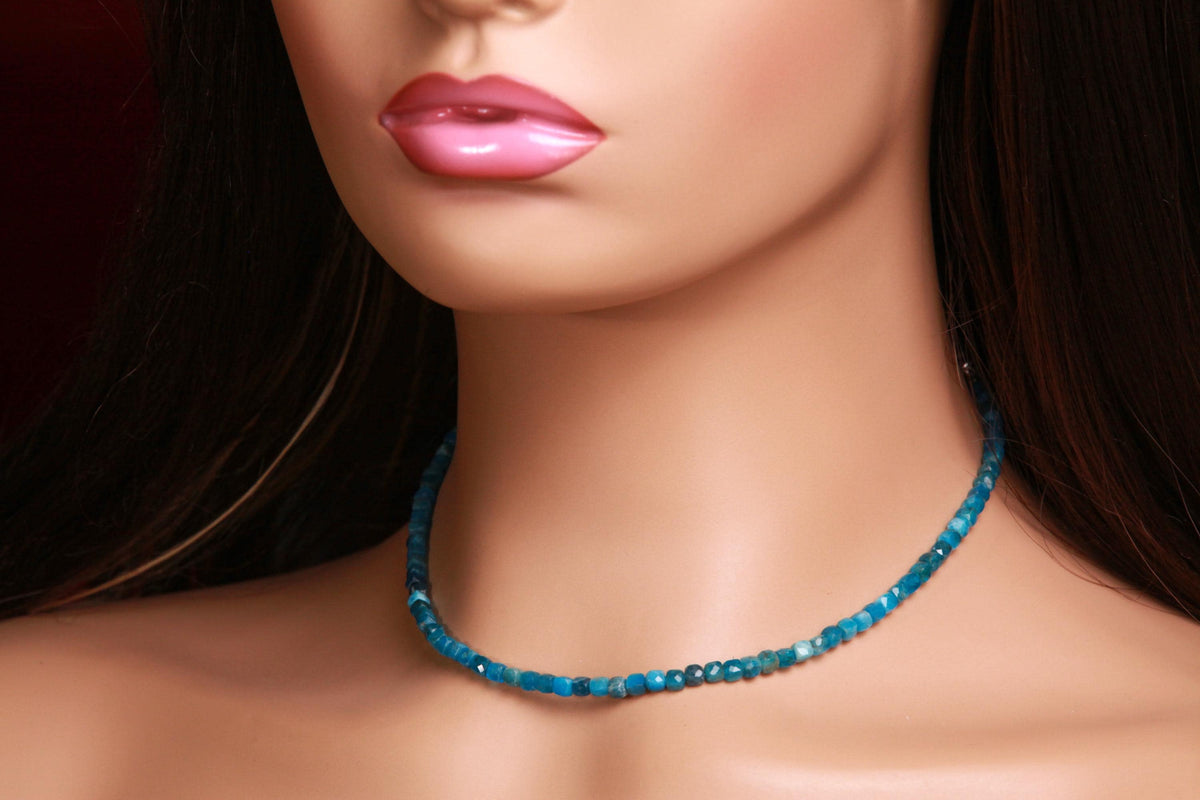 Natural Apatite 4mm Faceted Cube gemstone beaded necklace beautiful aqua neon blue beaded choker or layer necklace