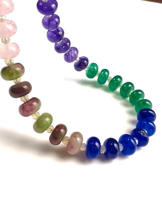 Multi color gemstone 8mm smooth Roundel Rainbow Necklace Rhodium Silver Clasp. Summer jewelry