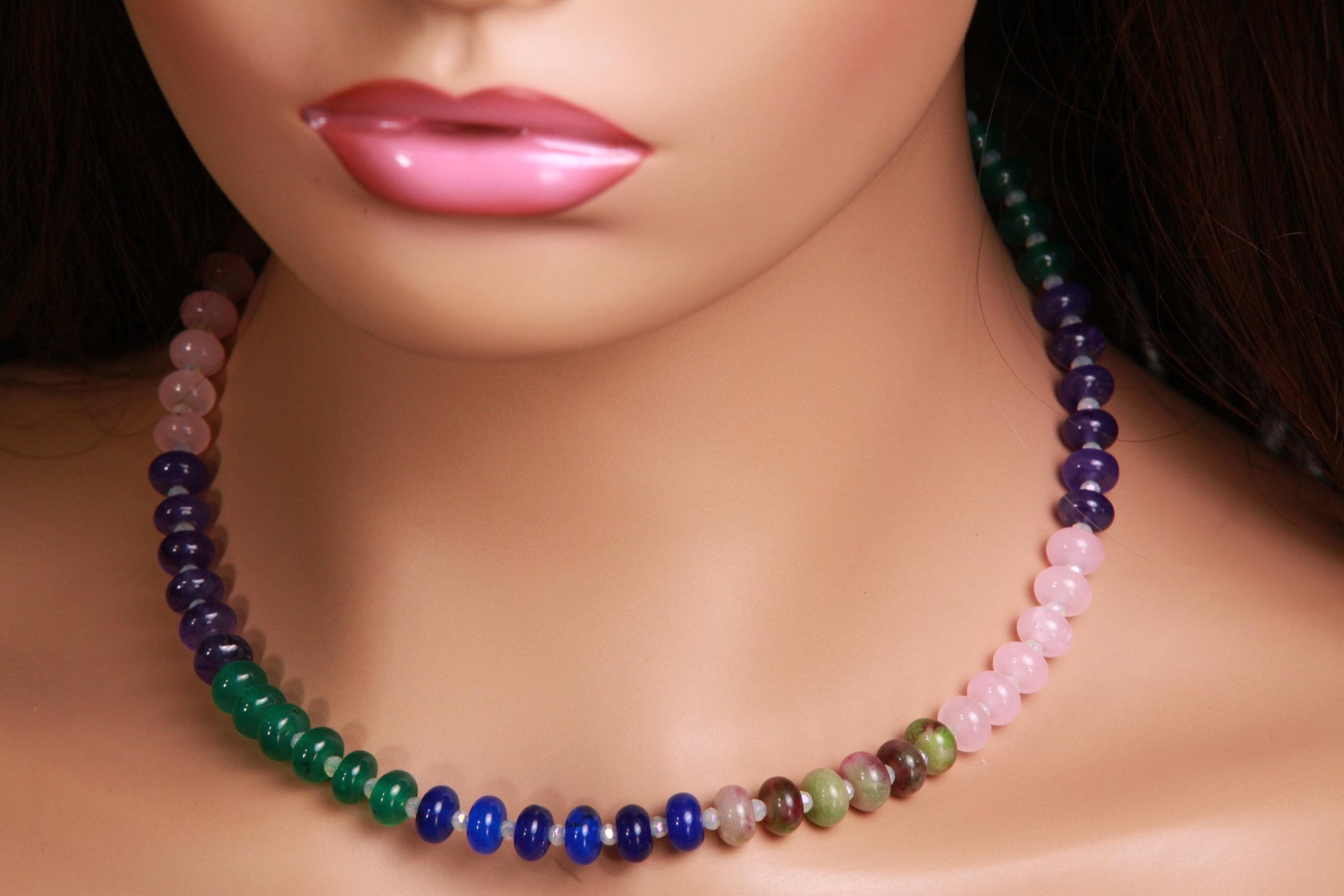 Multi color gemstone 8mm smooth Roundel Rainbow Necklace Rhodium Silver Clasp. Summer jewelry