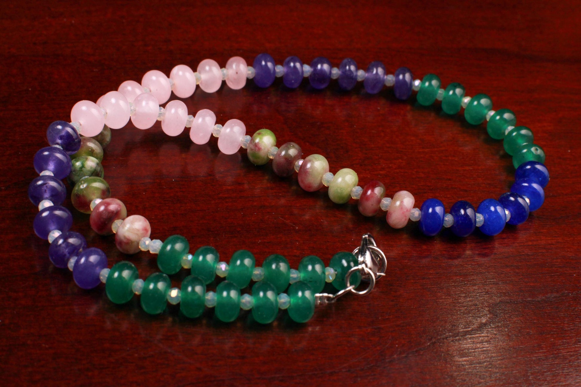 Multi color gemstone 8mm smooth Roundel Rainbow Necklace Rhodium Silver Clasp. Summer jewelry