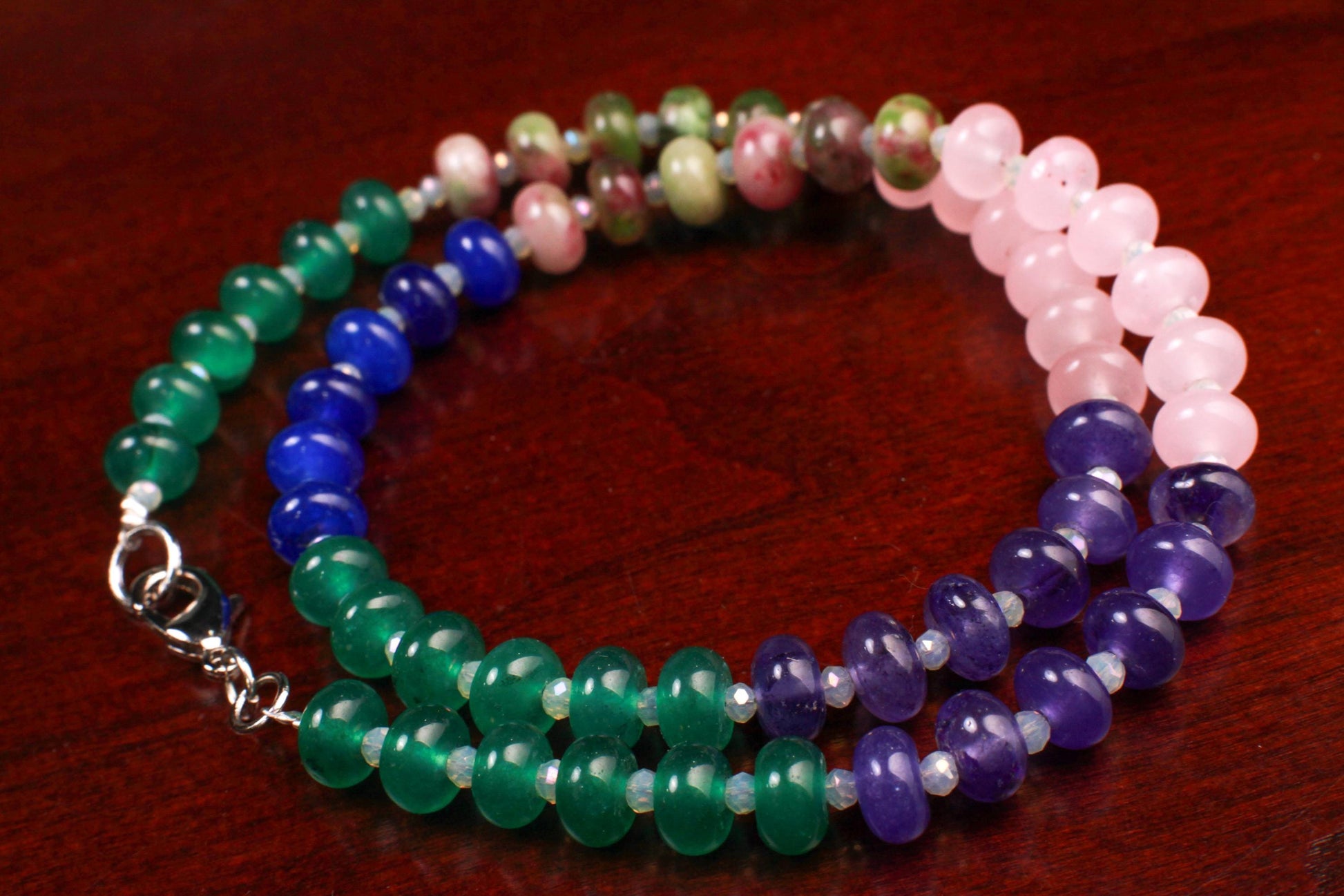 Multi color gemstone 8mm smooth Roundel Rainbow Necklace Rhodium Silver Clasp. Summer jewelry