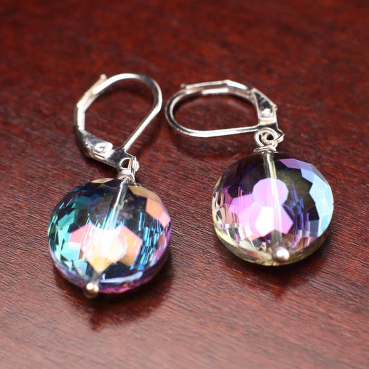 Purple AB Rainbow 14mm Disk Aurora borealies Swarovski Crystal Leverback Earrings, Valentine Gift