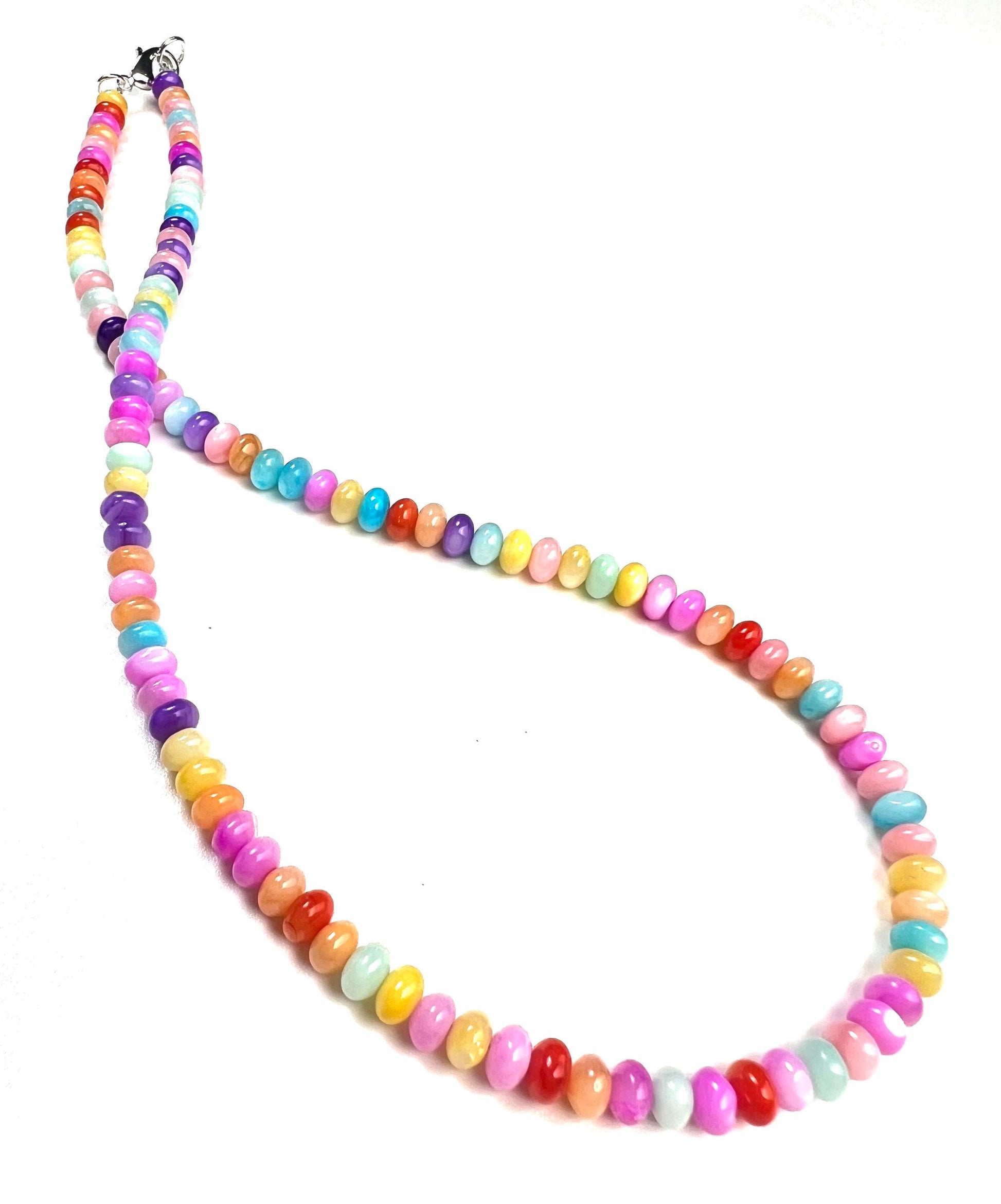 Multi mix Mother of pearl 5mm gemstone beaded handmade necklace. Disco multi color Summer beach boho necklace bachelorette valentines Gift