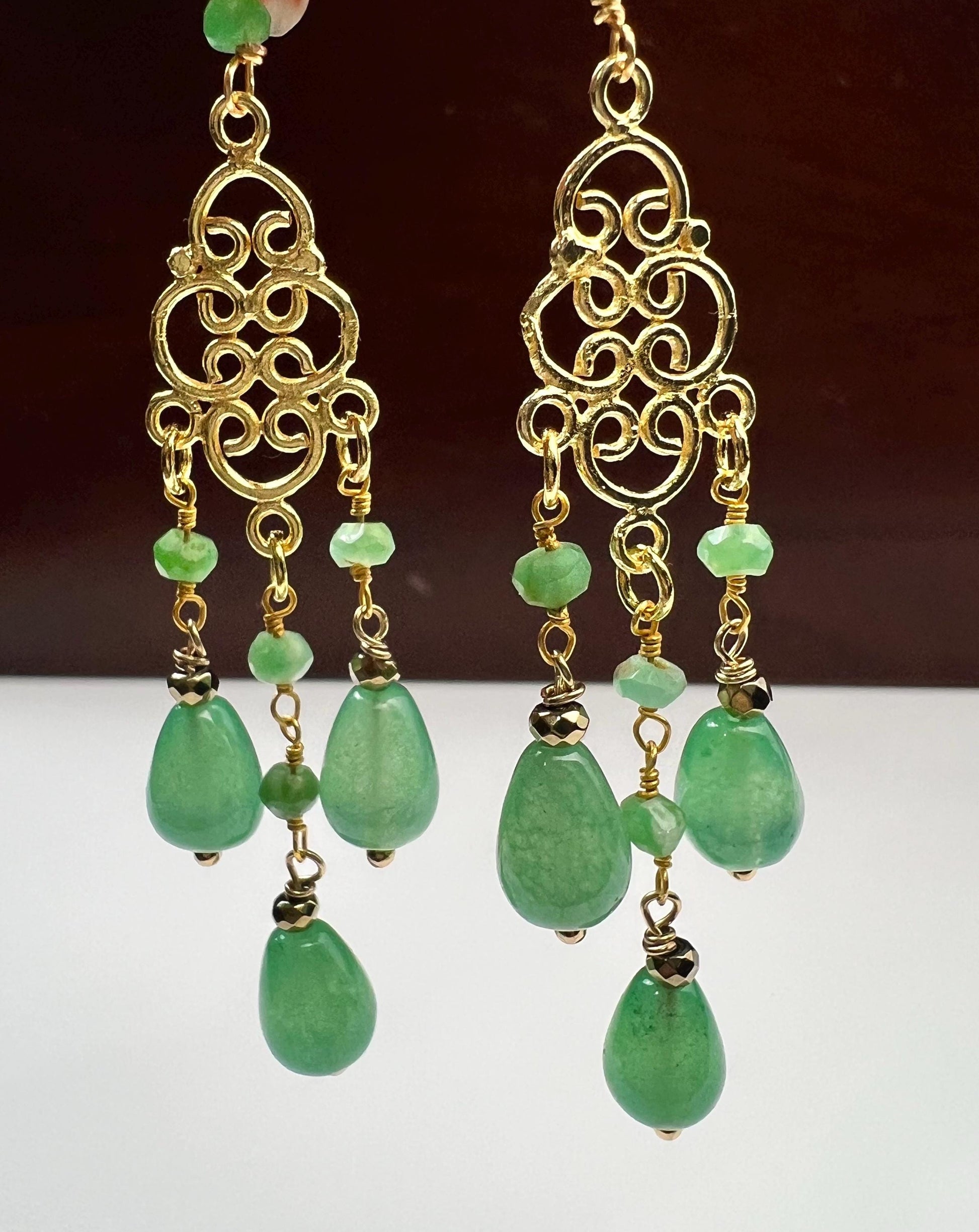 Natural Aventurine drop wire wrapped chrysoprase gemstone 22k gold vermeil chandelier Earrings handmade beautiful gift