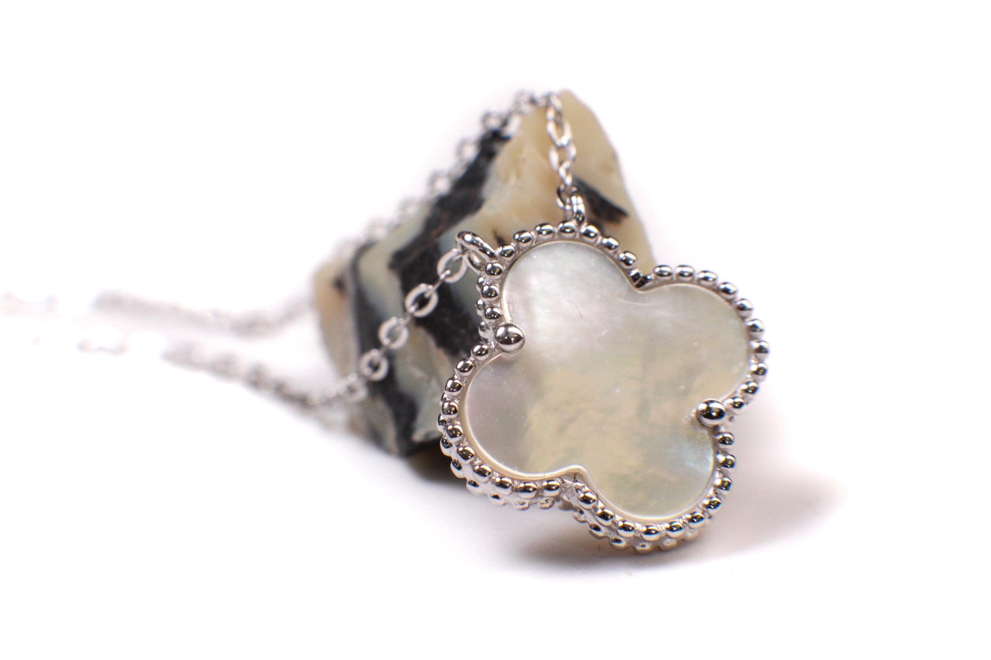 22K Gold Vermeil Sterling Silver White Mother of Pearl Double Sided 16mm four leaf Flower Charm 16” extend to 17” and 18” Necklace, Love