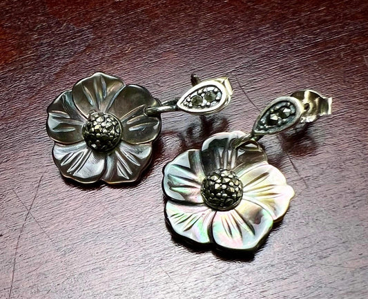 Natural Freshwater black lip Mother of pearl hand carved flower 14mm High Luster Dangling Earrings in 925 sterling silver .