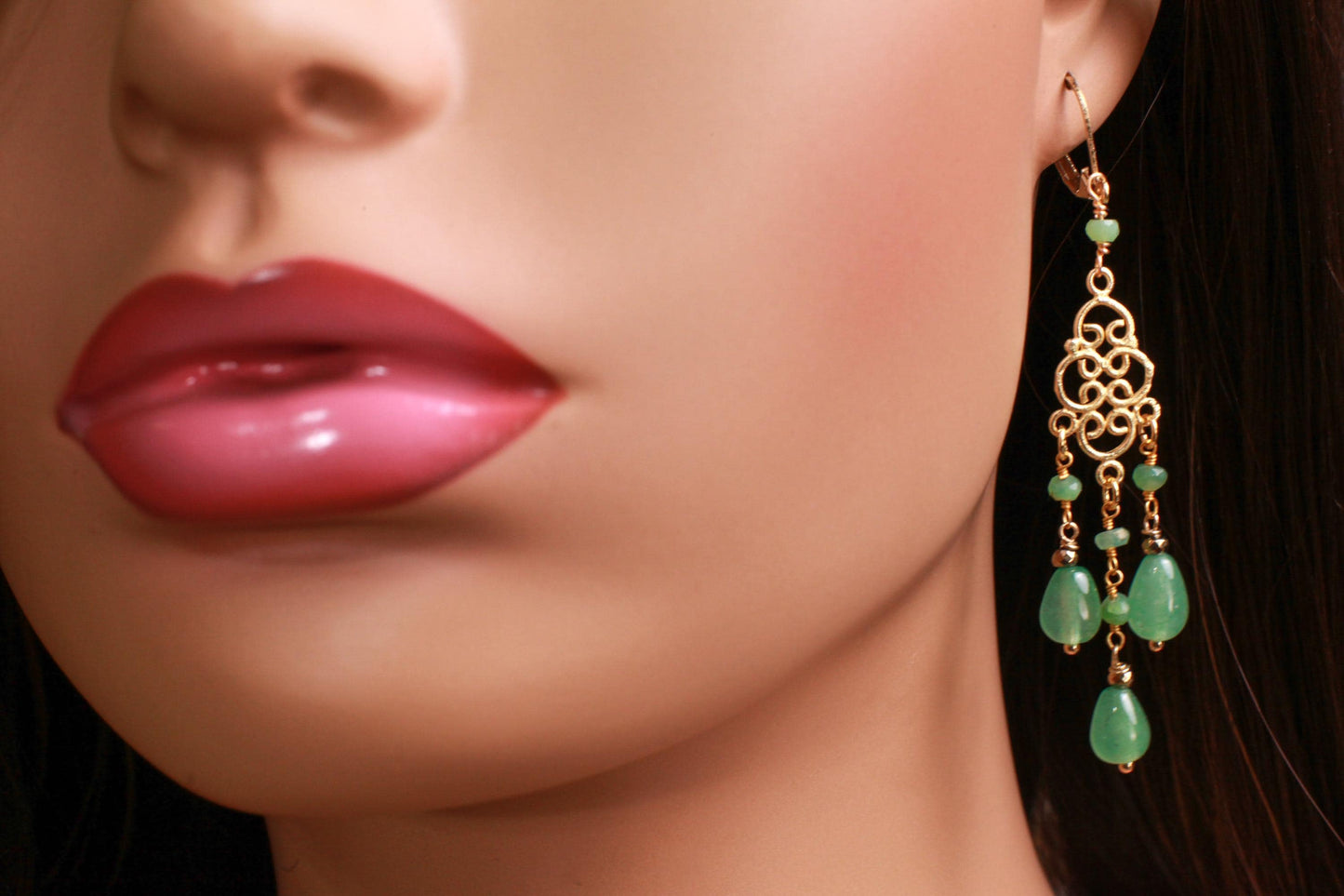 Natural Green Aventurine Chandelier gold vermeil Earrings handmade beautiful gift