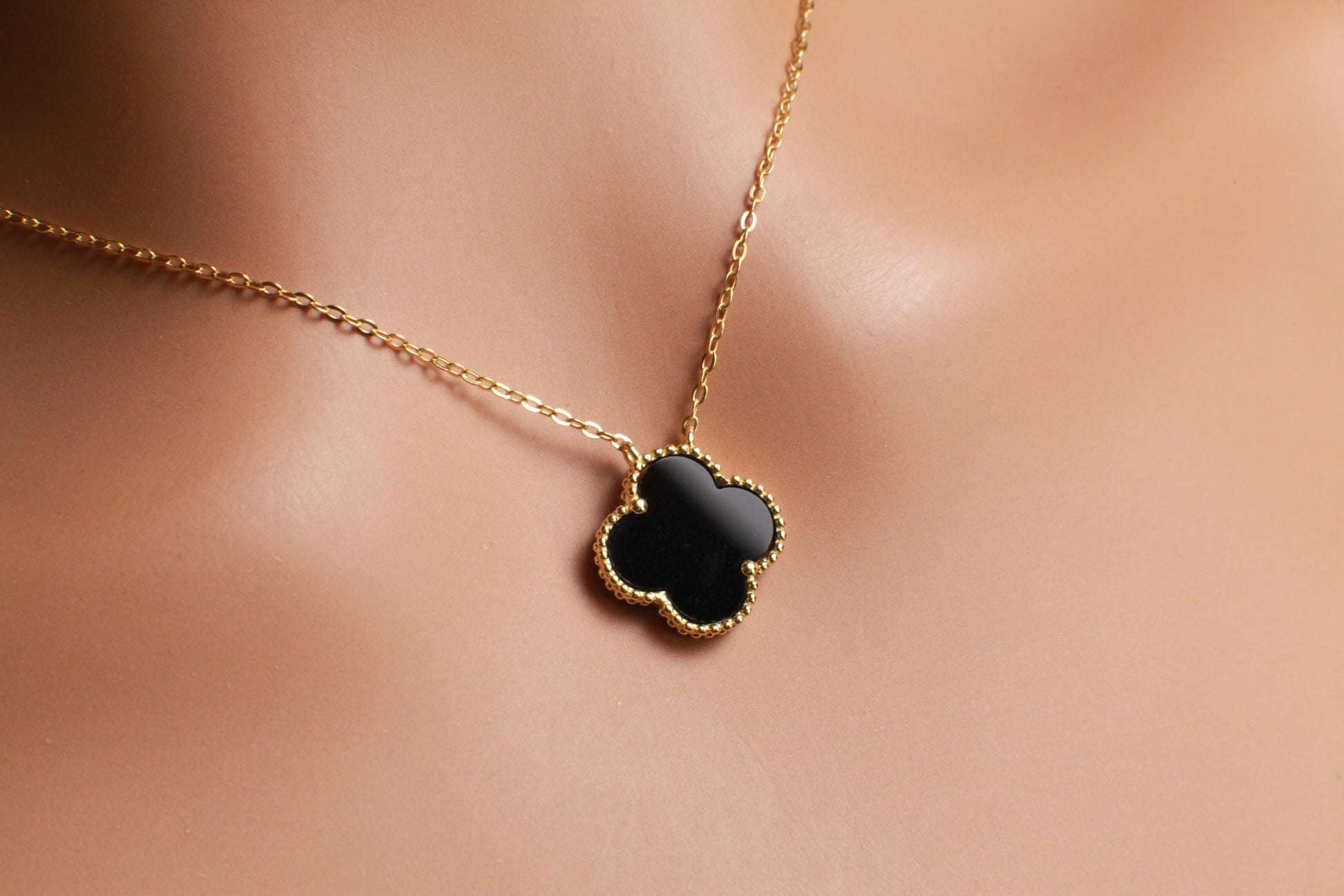 22K Gold Vermeil over Sterling Silver Black Onyx Double Sided 16mm Clover Charm 16” extend to 17” and 18” Necklace, Love Faith & Hope
