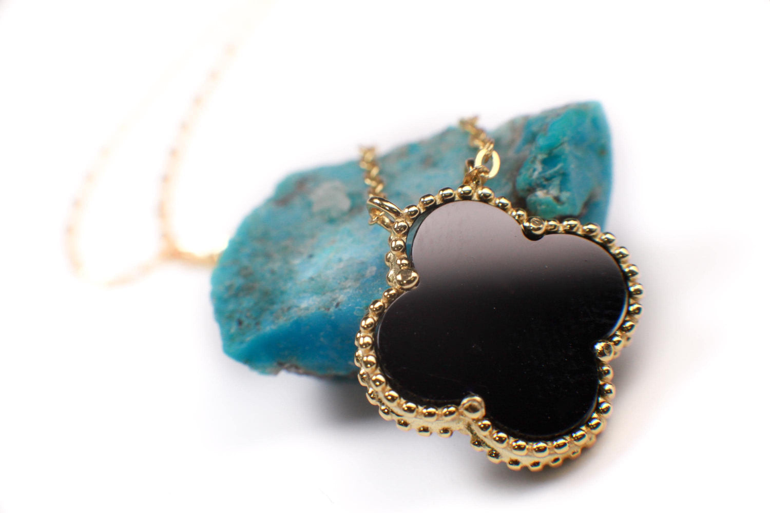 22K Gold Vermeil over Sterling Silver Black Onyx Double Sided 16mm Clover Charm 16” extend to 17” and 18” Necklace, Love Faith & Hope