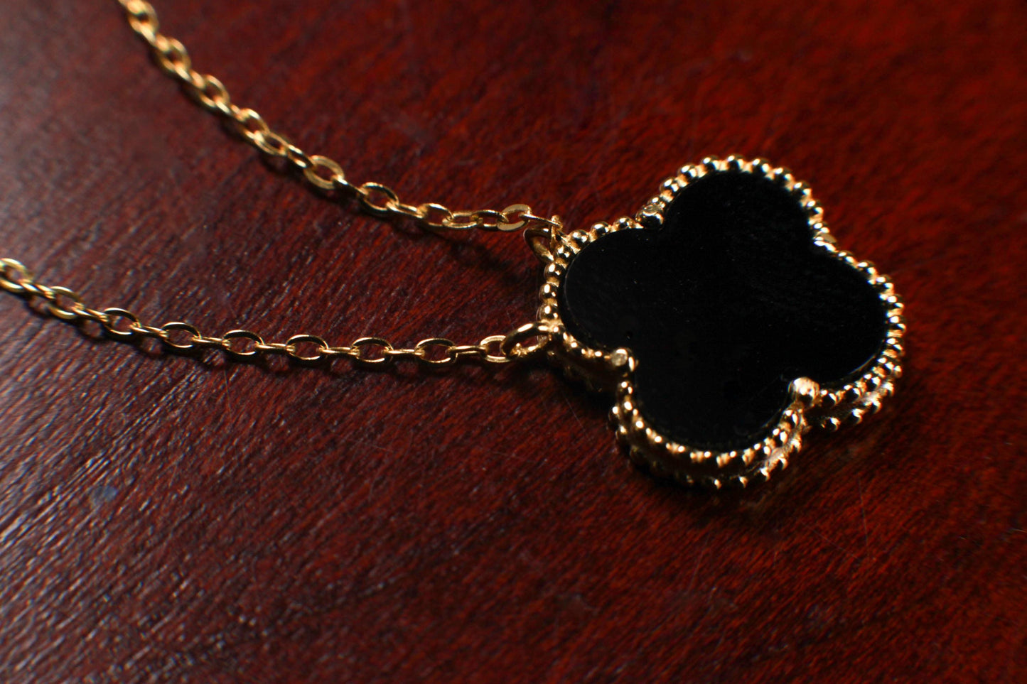 22K Gold Vermeil over Sterling Silver Black Onyx Double Sided 16mm Clover Charm 16” extend to 17” and 18” Necklace, Love Faith & Hope
