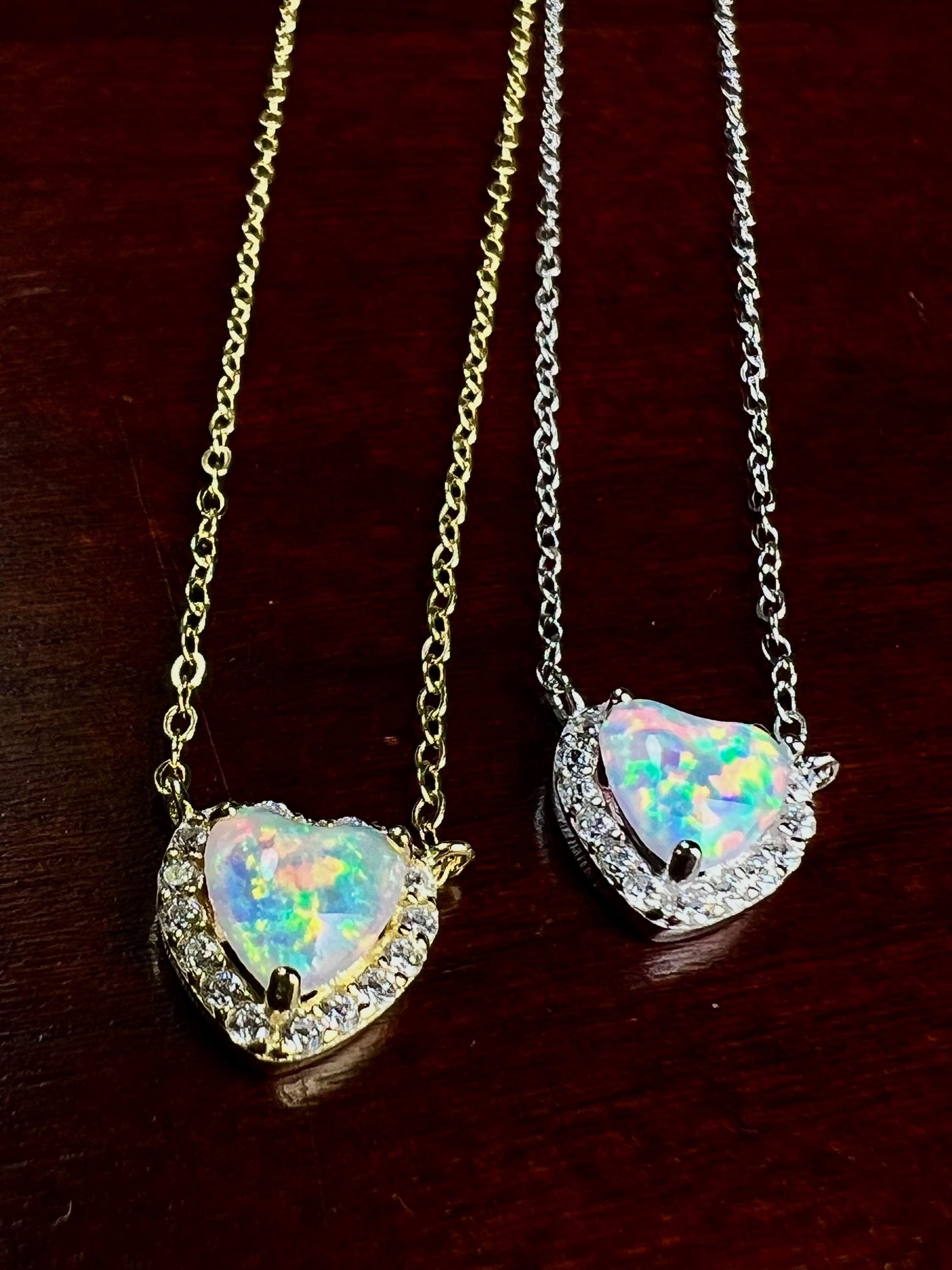 Genuine Ethiopian Fire Opal, Welo Opal Heart CZ diamond Pendant in 925 Sterling Silver, 22K Gold Vermeil Adjustable Necklace AAA Quality