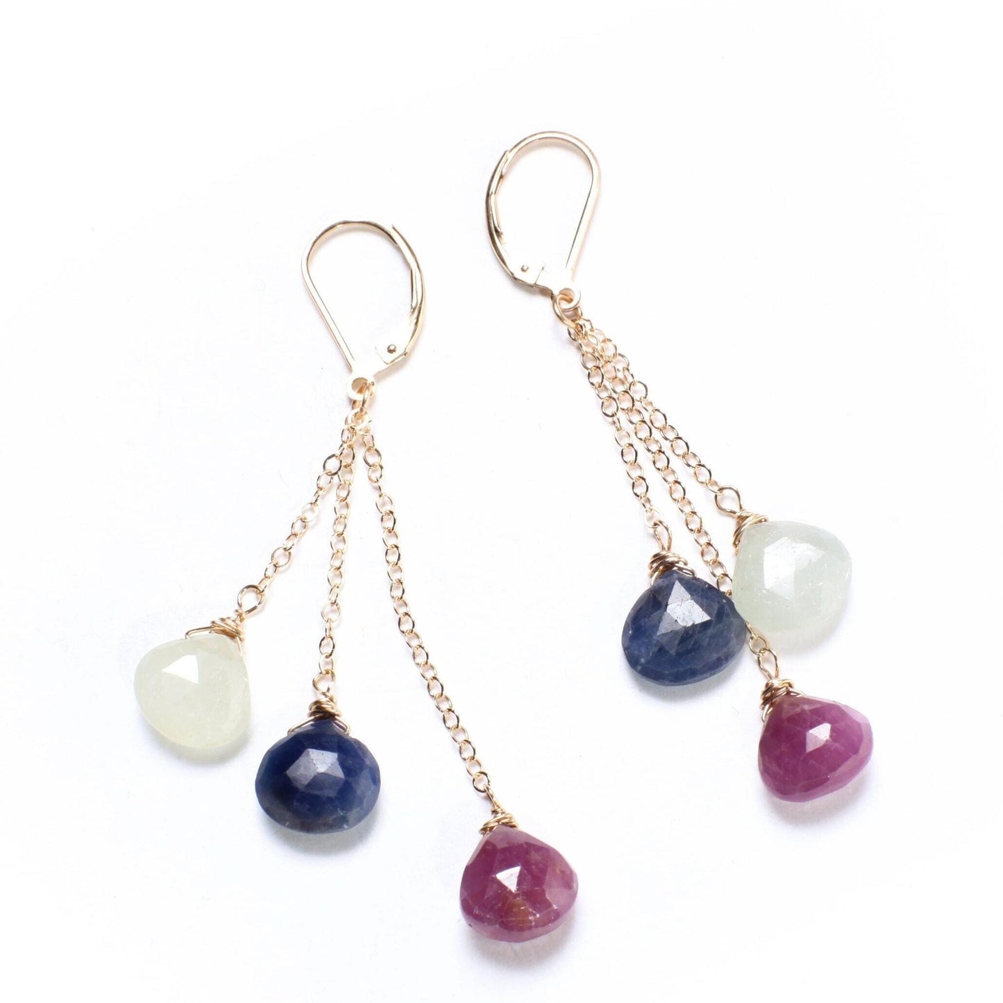 Natural Multi Sapphire Dangling Wire Wrapped Teardrop Briolette Gemstone Earring 925 Sterling Silver Chain & Earwire,Also in 14K Gold Filled