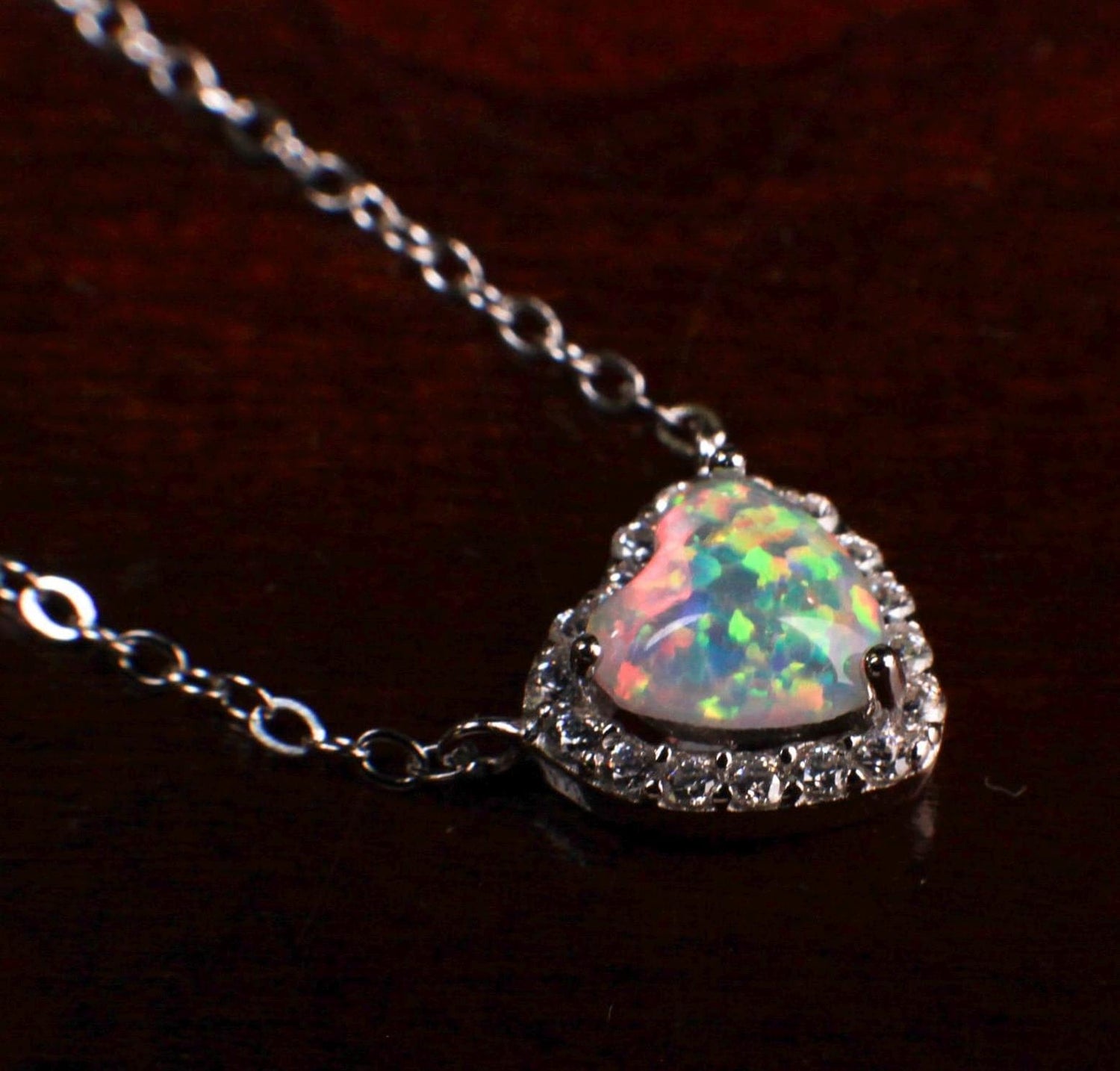 Genuine Ethiopian Fire Opal, Welo Opal Heart CZ diamond Pendant Necklace in 925 Sterling Silver, 22K Gold Vermeil Necklace AAA Quality