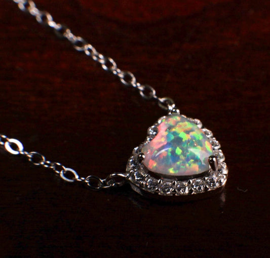 Genuine Ethiopian Fire Opal, Welo Opal Heart CZ diamond Pendant Necklace in 925 Sterling Silver, 22K Gold Vermeil Necklace AAA Quality
