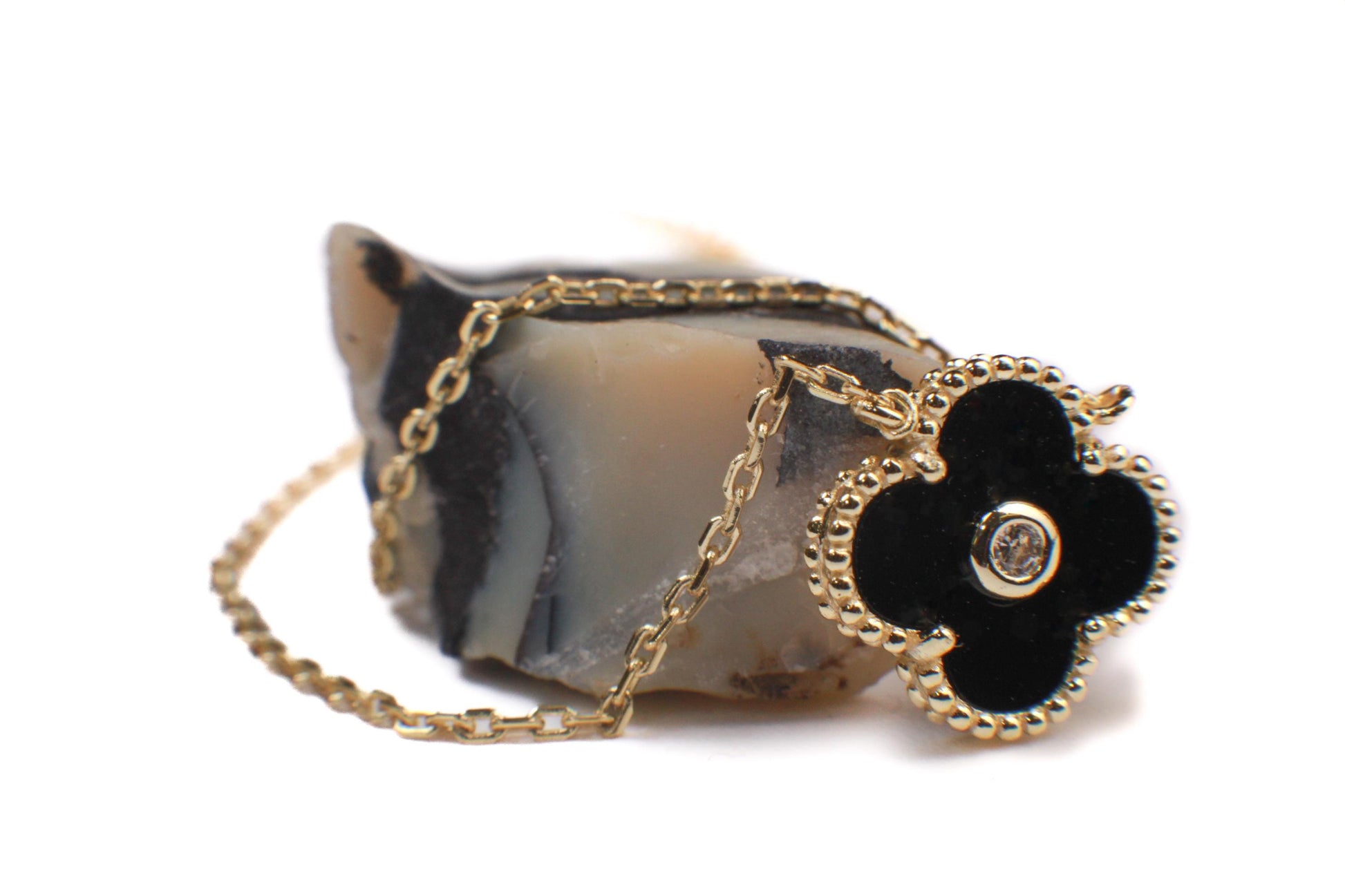 22K Gold Vermeil over Sterling Silver Black Onyx Double Sided 16mm Four Leaf Flower Charm with CZ 16” plus 2” Extender Necklace, Love charm