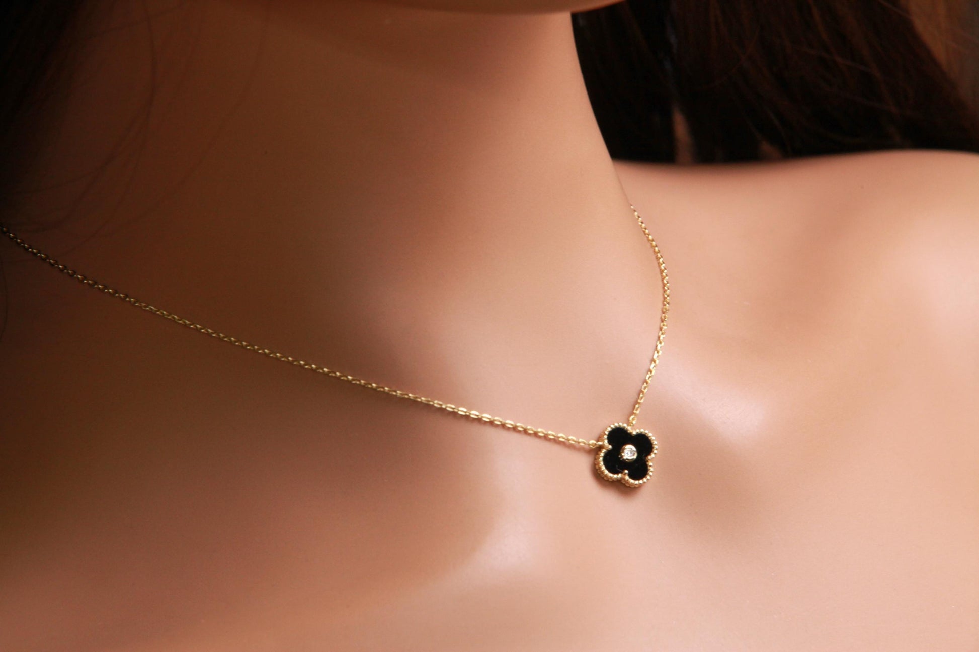22K Gold Vermeil over Sterling Silver Black Onyx Double Sided 16mm Four Leaf Flower Charm with CZ 16” plus 2” Extender Necklace, Love charm