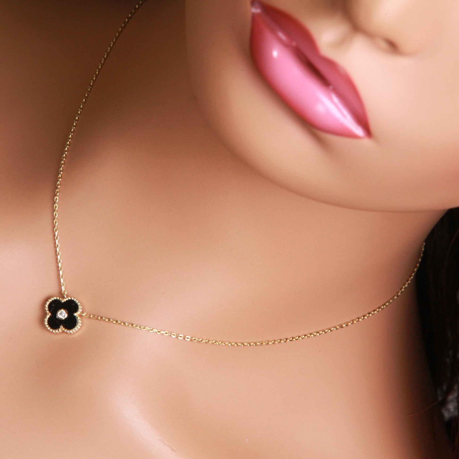 22K Gold Vermeil over Sterling Silver Black Onyx Double Sided 16mm Four Leaf Flower Charm with CZ 16” plus 2” Extender Necklace, Love charm