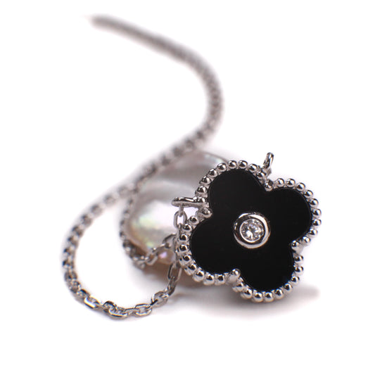 925 Sterling Silver Black Onyx Double Sided 16mm Four Leaf Flower Charm with CZ 16” plus 2” Extender Necklace, Love charm