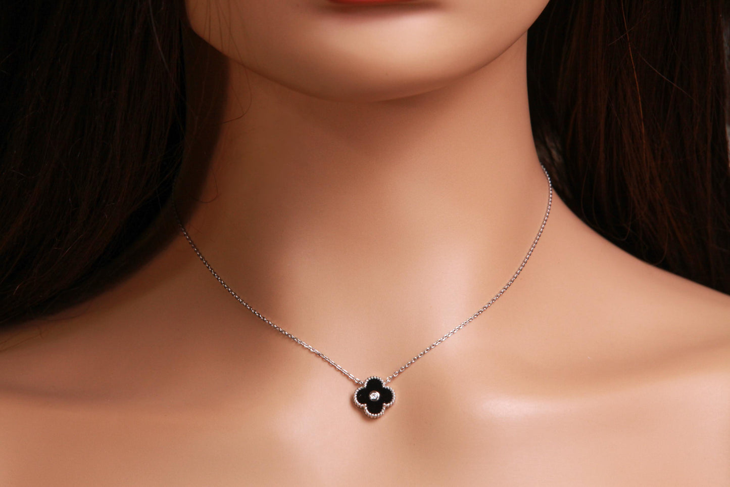 925 Sterling Silver Black Onyx Double Sided 16mm Four Leaf Flower Charm with CZ 16” plus 2” Extender Necklace, Love charm