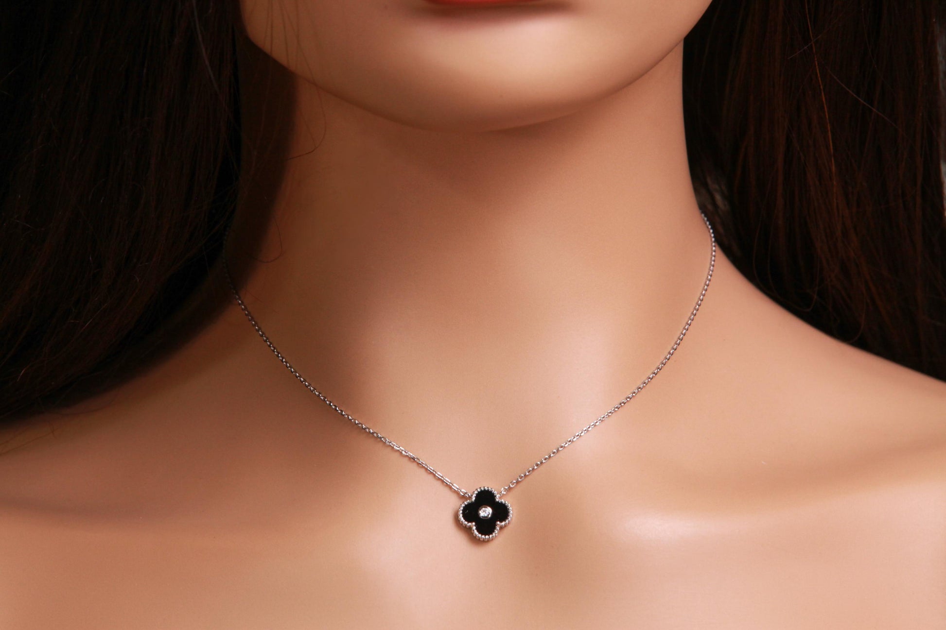 925 Sterling Silver Black Onyx Double Sided 16mm Four Leaf Flower Charm with CZ 16” plus 2” Extender Necklace, Love charm