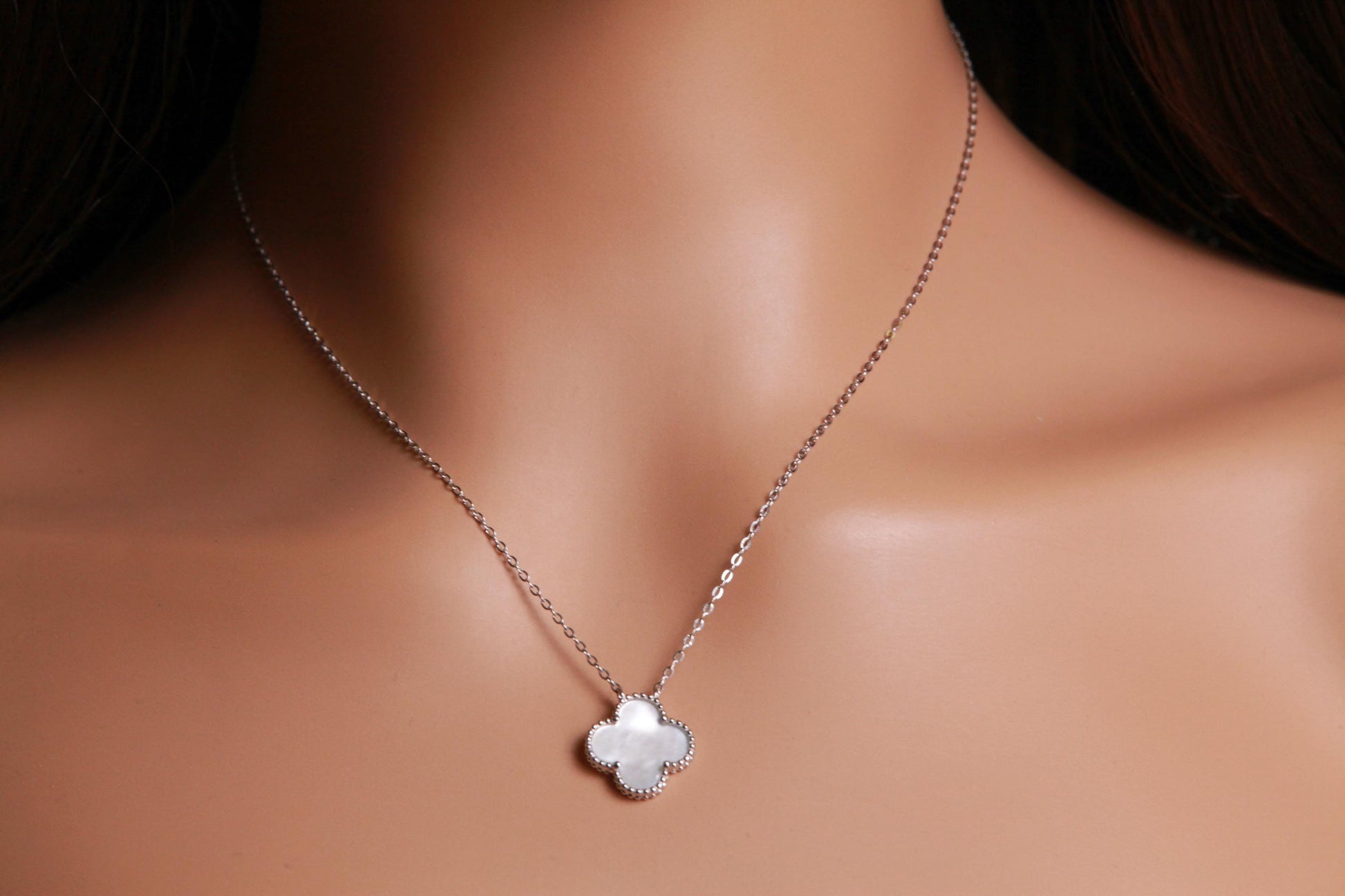925 Sterling Silver White Mother of Pearl Double Sided 16mm Flower Charm 16” extend to 17” and 18” Necklace, Love
