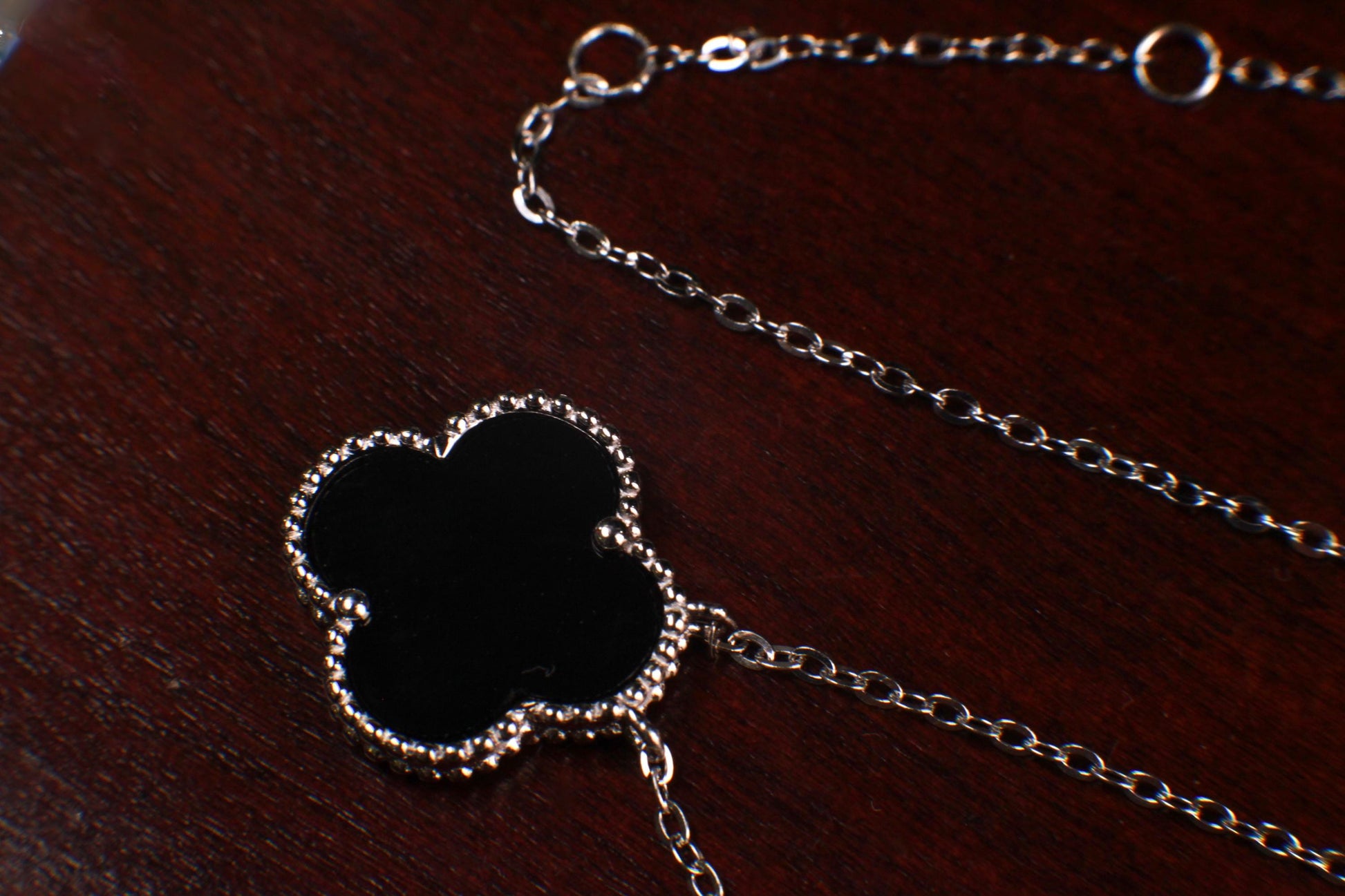 Sterling Silver Black Onyx Double Sided 16mm four leaf Flower Charm 16” extend to 17” and 18” Necklace, Love charm