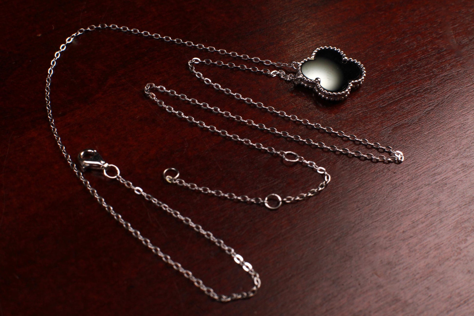 Sterling Silver Black Onyx Double Sided 16mm four leaf Flower Charm 16” extend to 17” and 18” Necklace, Love charm