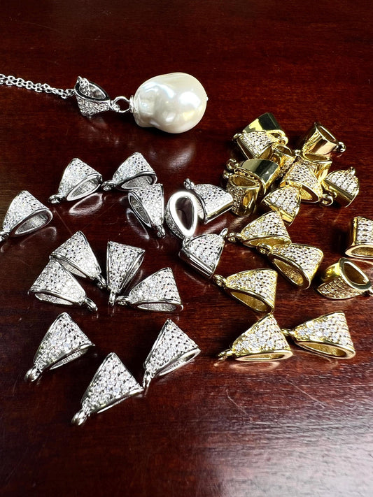 Cubic zirconia Sterling Silver CZ diamond Bail Heavy duty Pendant holder 7x11mm Bail, open jumupring bottom