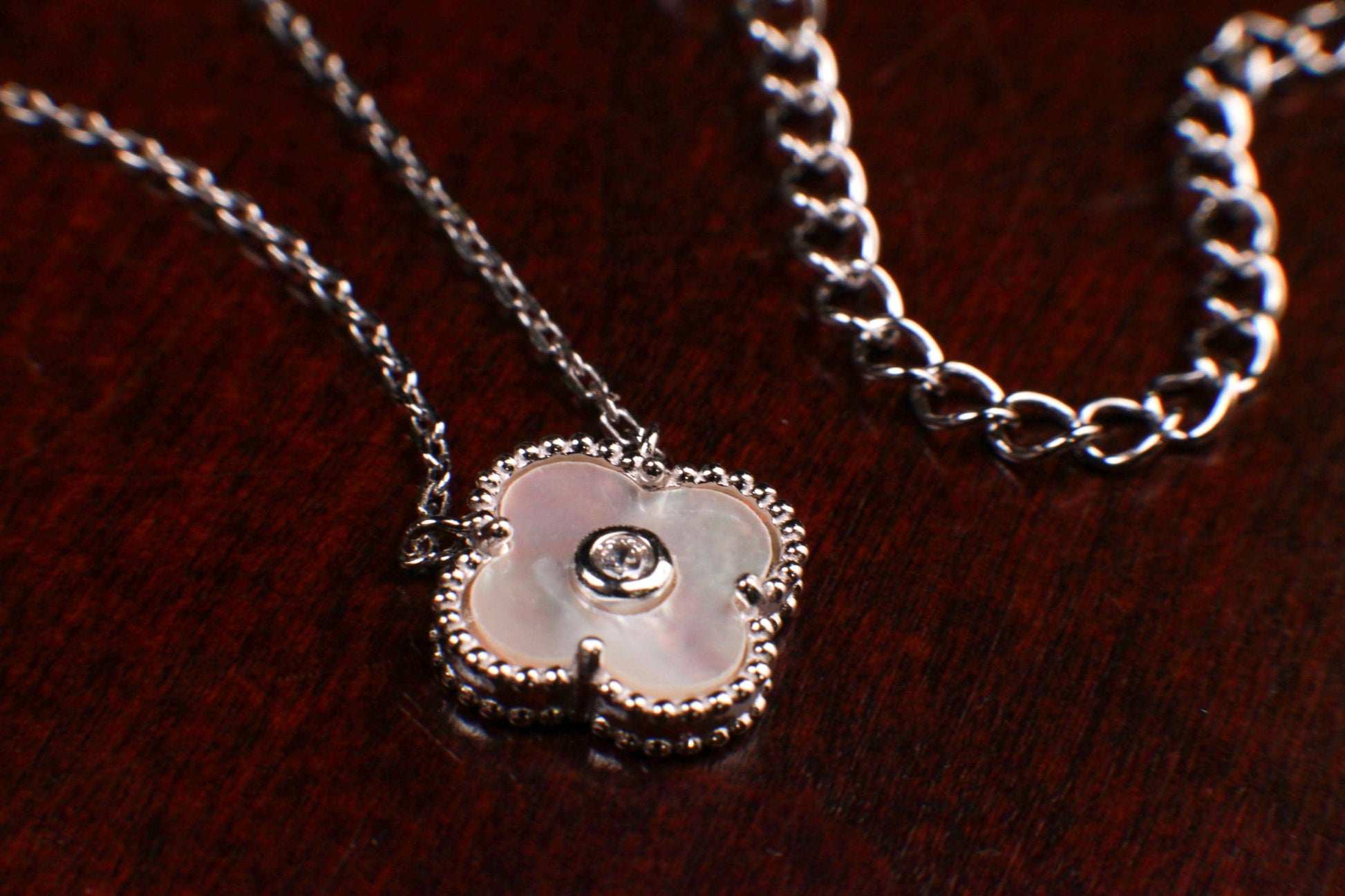 925 Sterling Silver White Mother of Pearl and CZ Diamond Clover Charm Necklace, Love Faith, Hope & love gift